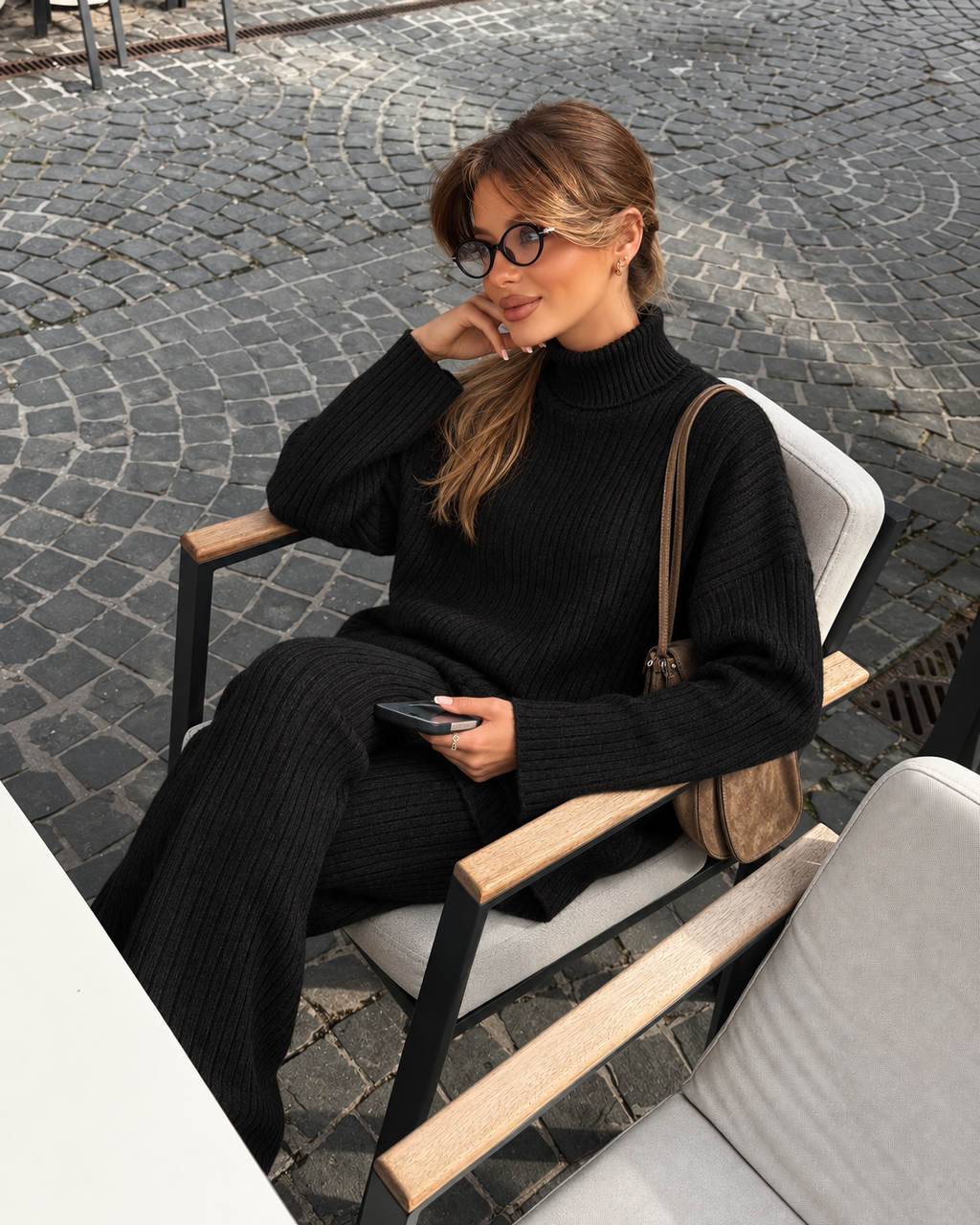 RIBBED KNIT LOUNGE SET - Black – Fashion Hunter, pogled 3