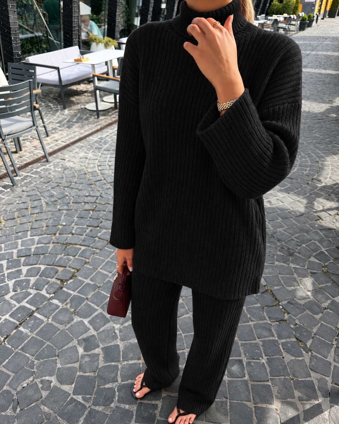 RIBBED KNIT LOUNGE SET - Black – Fashion Hunter, pogled 8