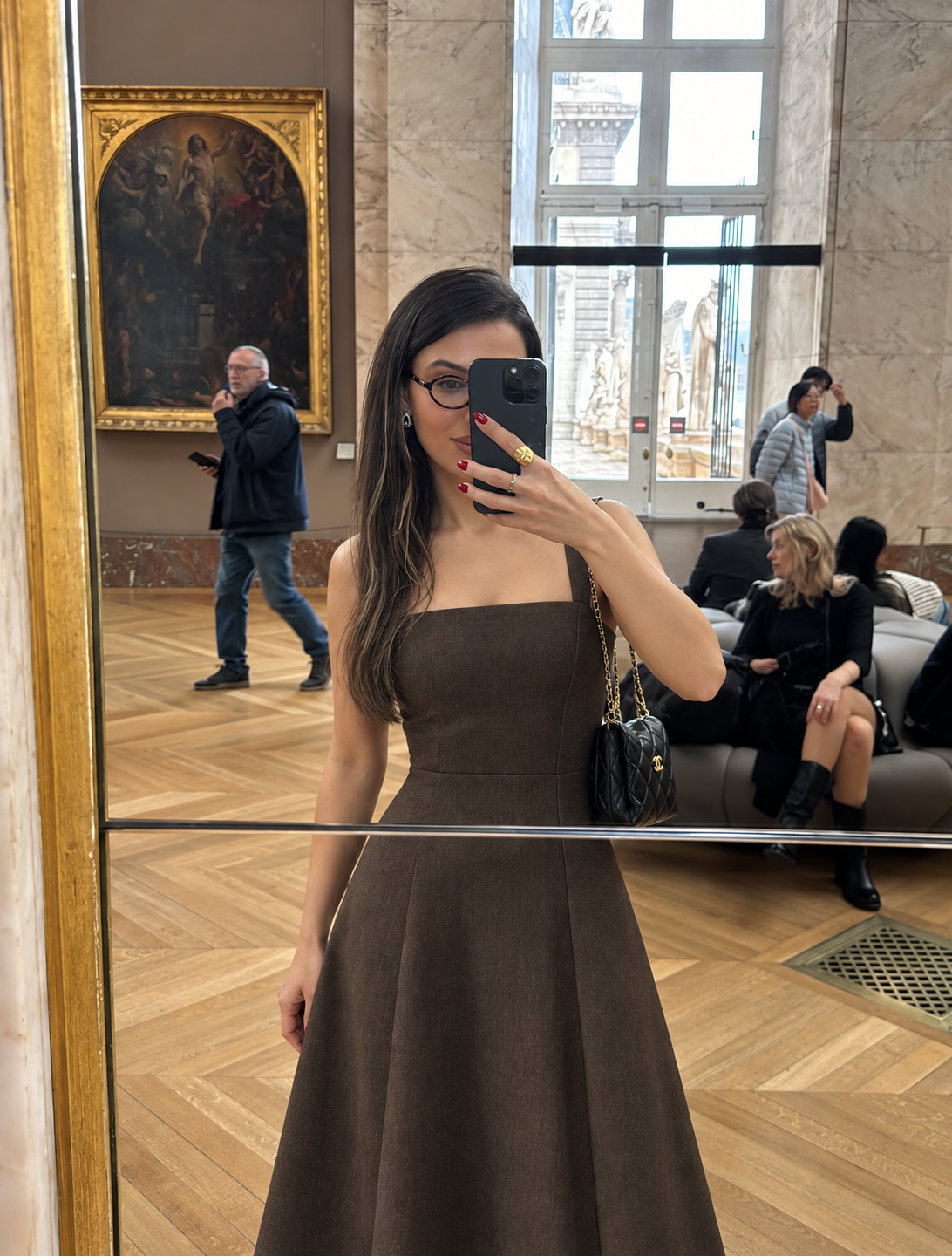 SCULPTED SQUARE NECK MIDI DRESS – COFFEE BROWN