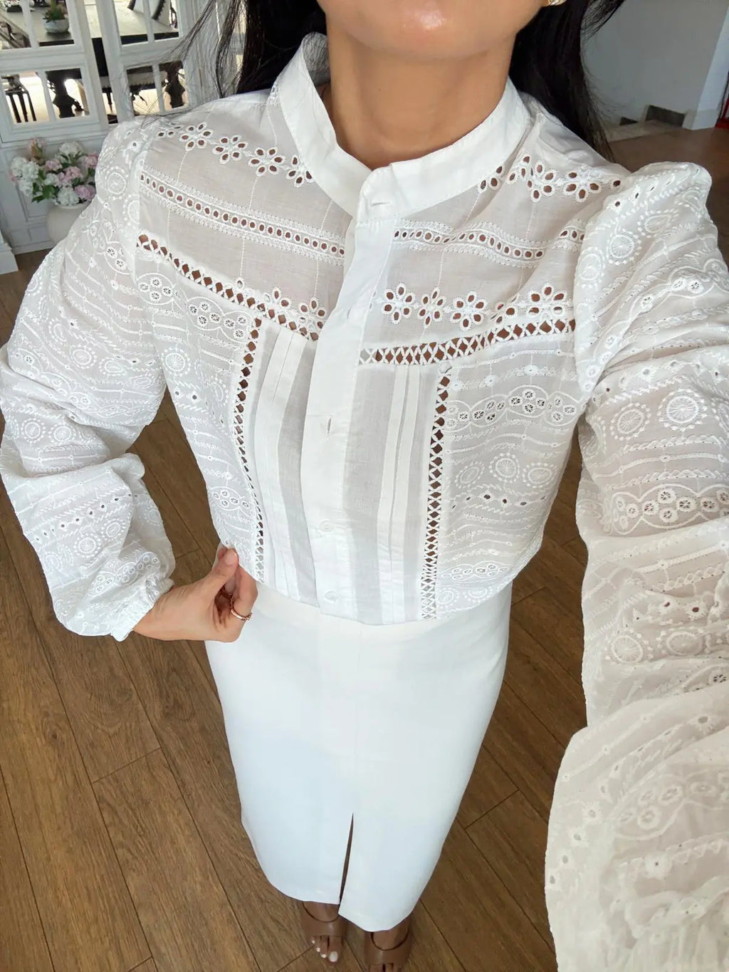 Linen-Look Embroidered košulja bluza