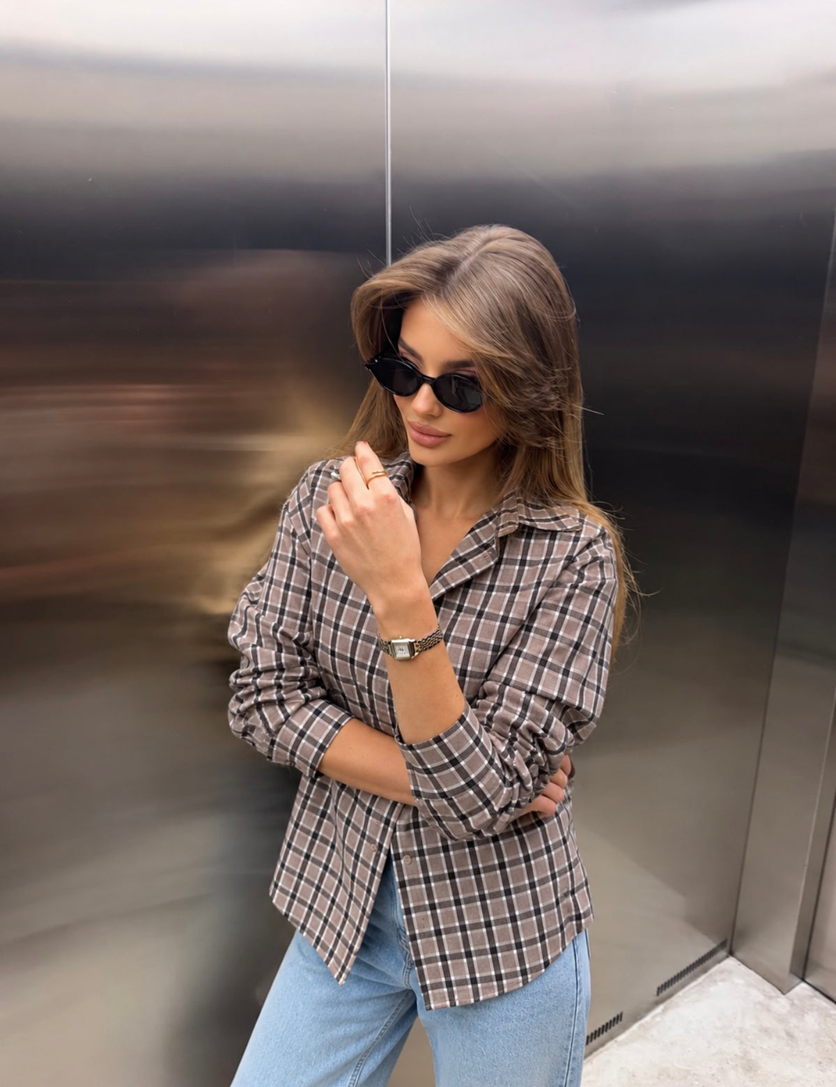TAUPE CHECK TIE-BACK SHIRT