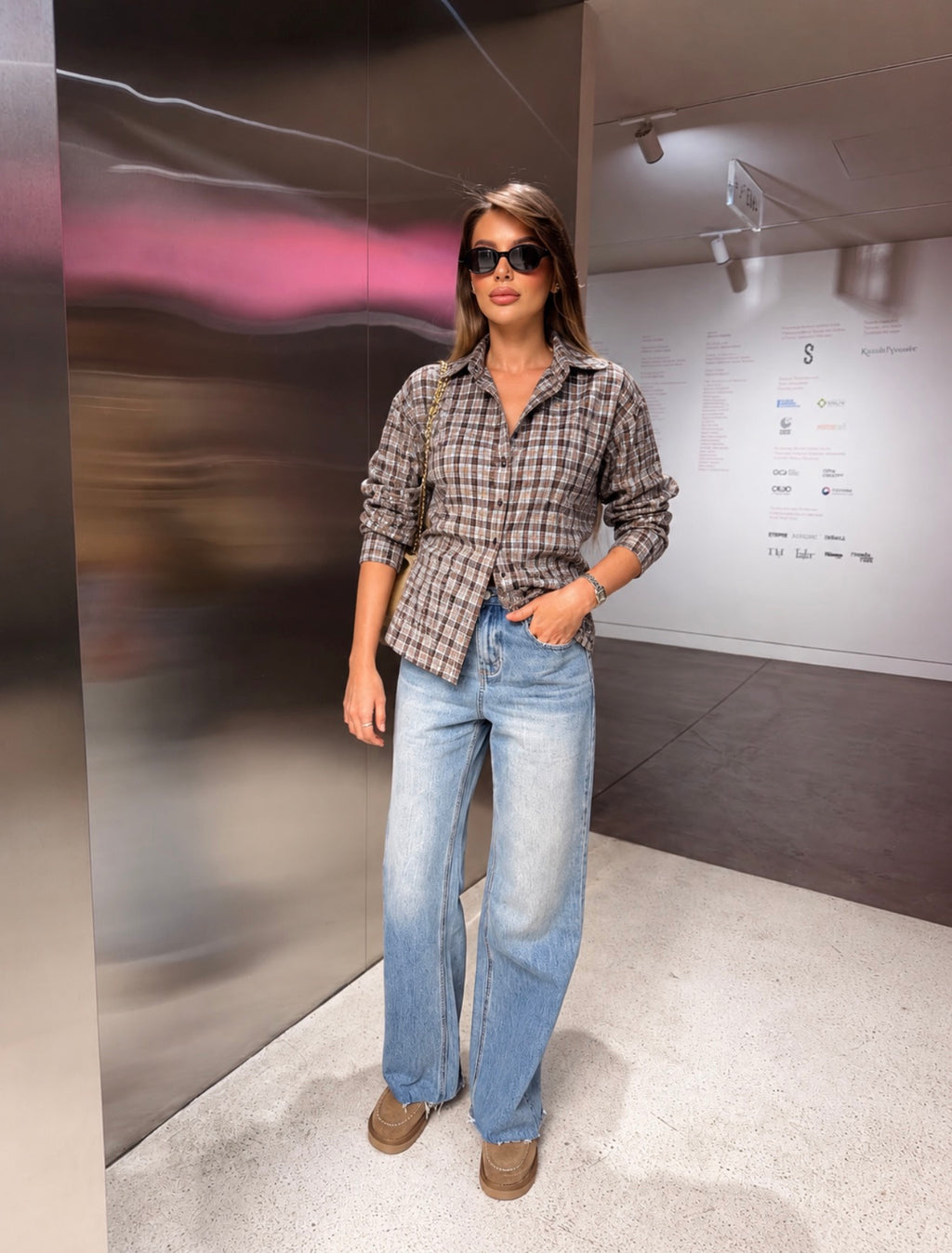 TAUPE CHECK TIE-BACK SHIRT
