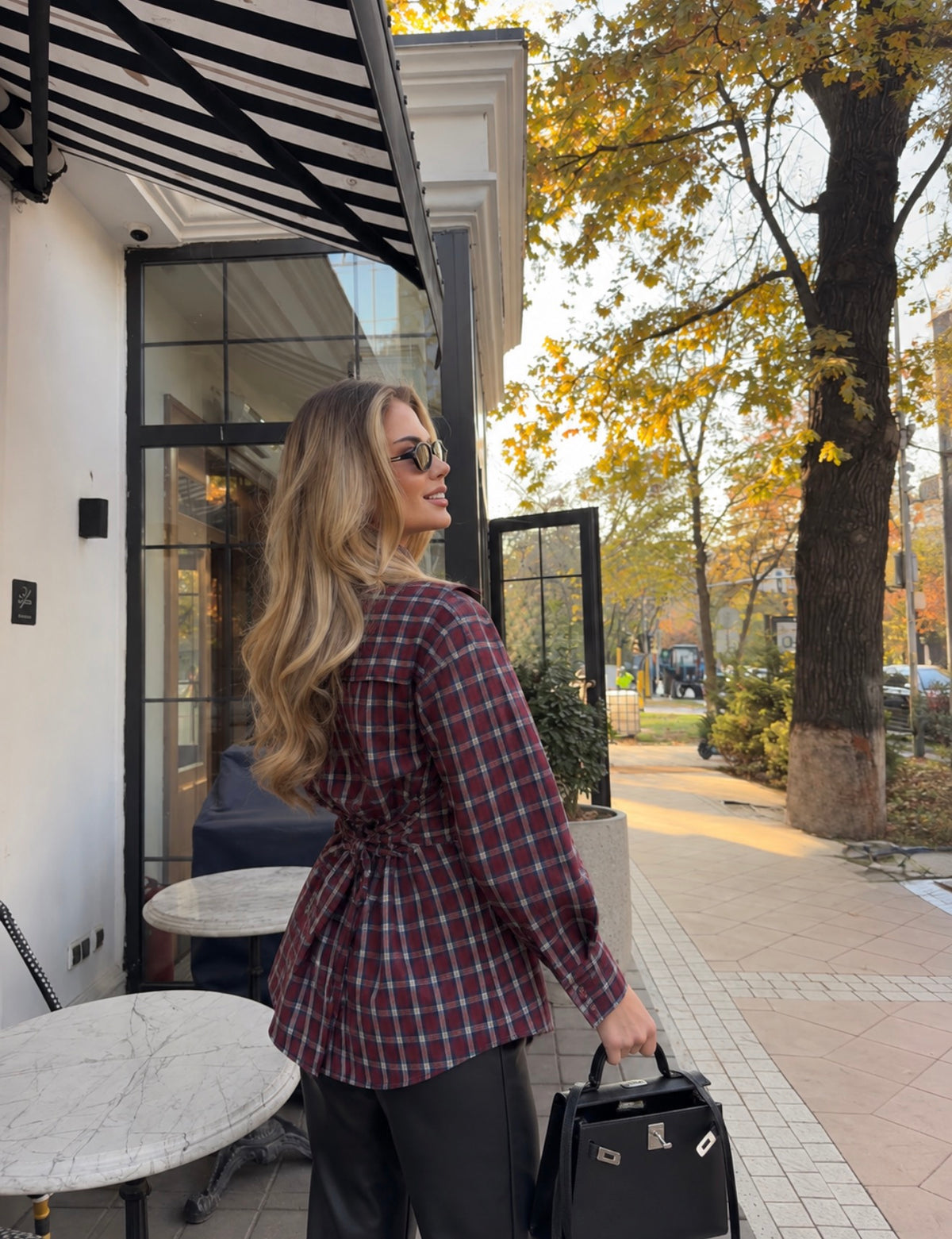 BURGUNDY CHECK TIE-BACK SHIRT