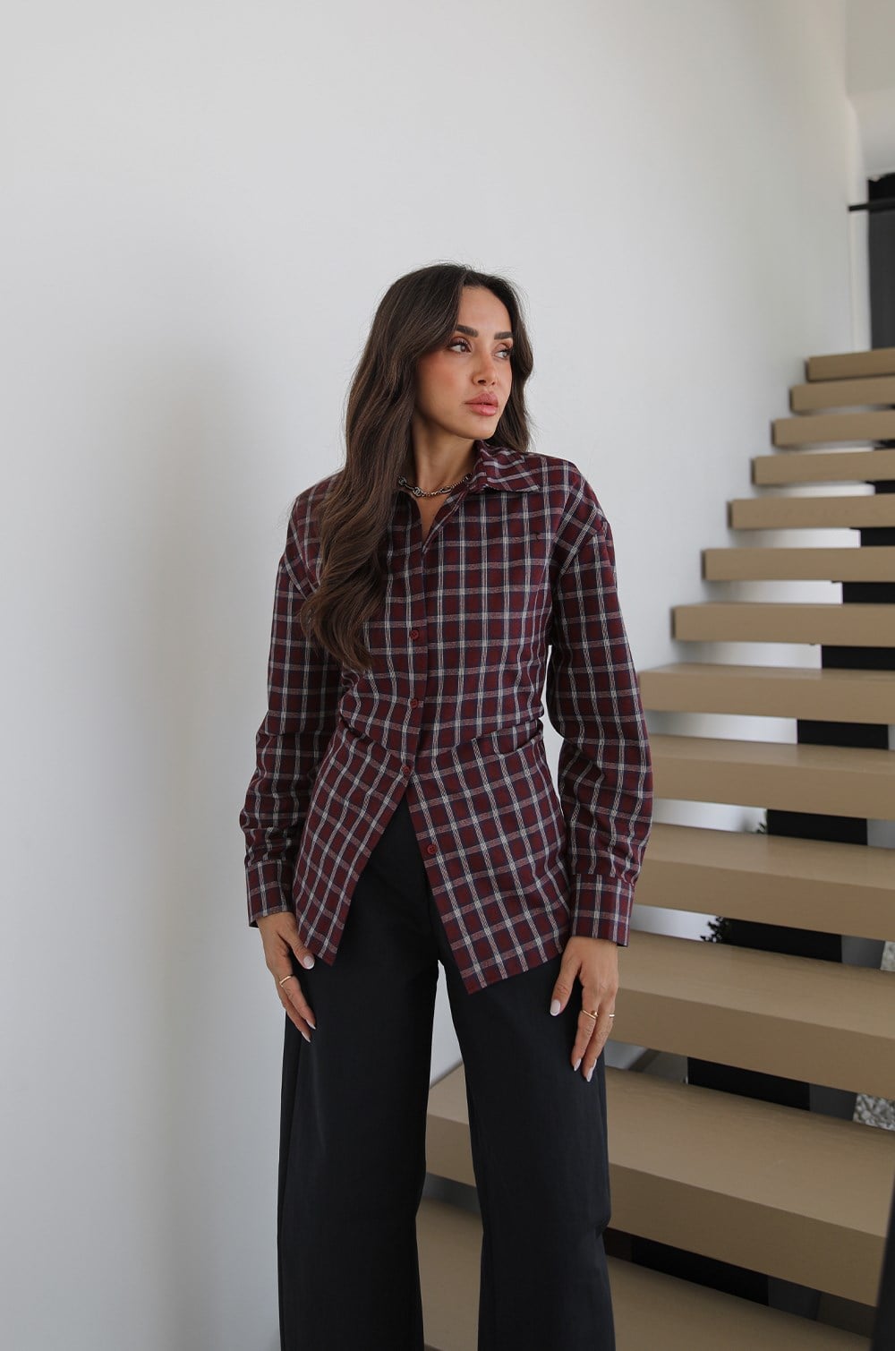 BURGUNDY CHECK TIE-BACK SHIRT