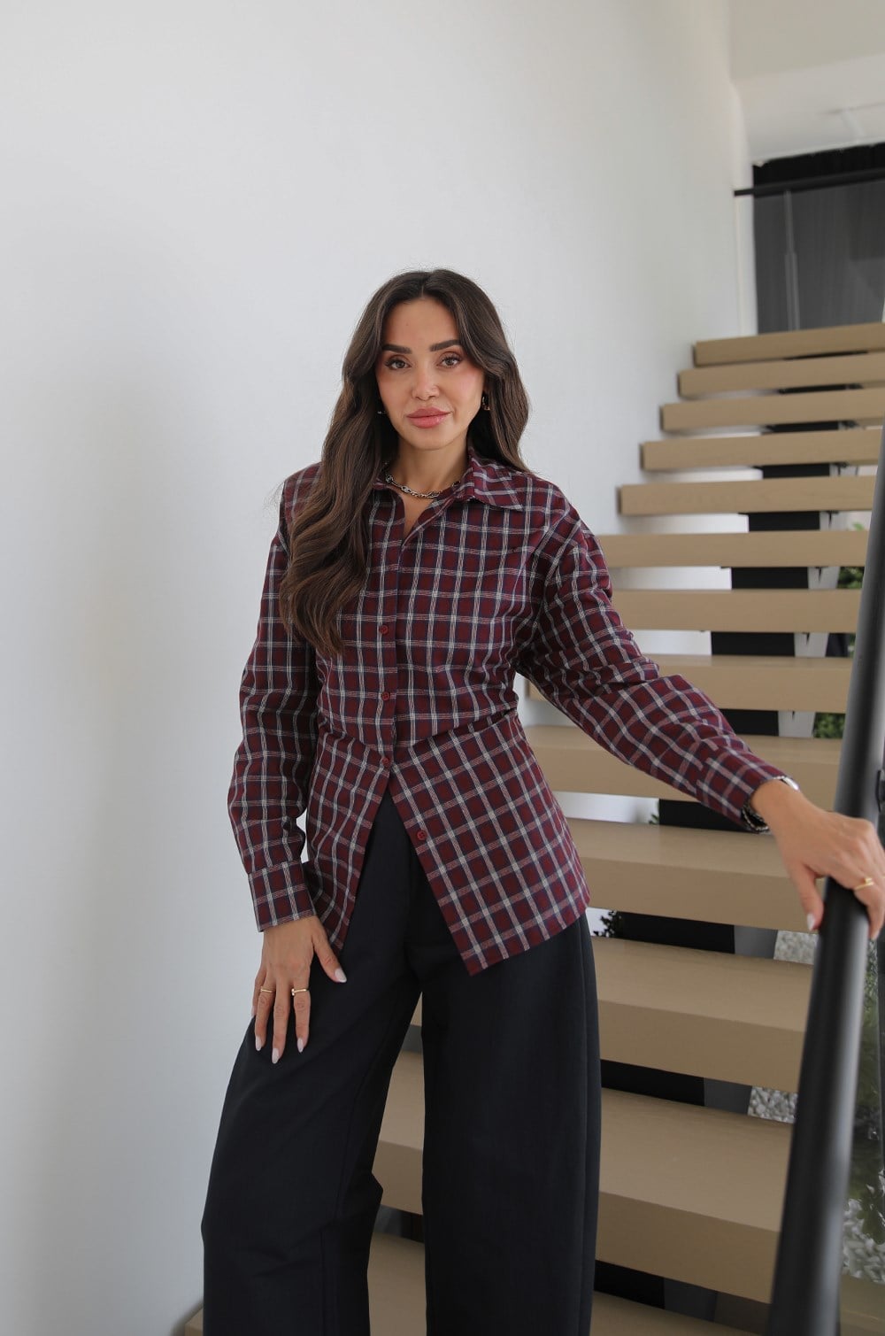 BURGUNDY CHECK TIE-BACK SHIRT