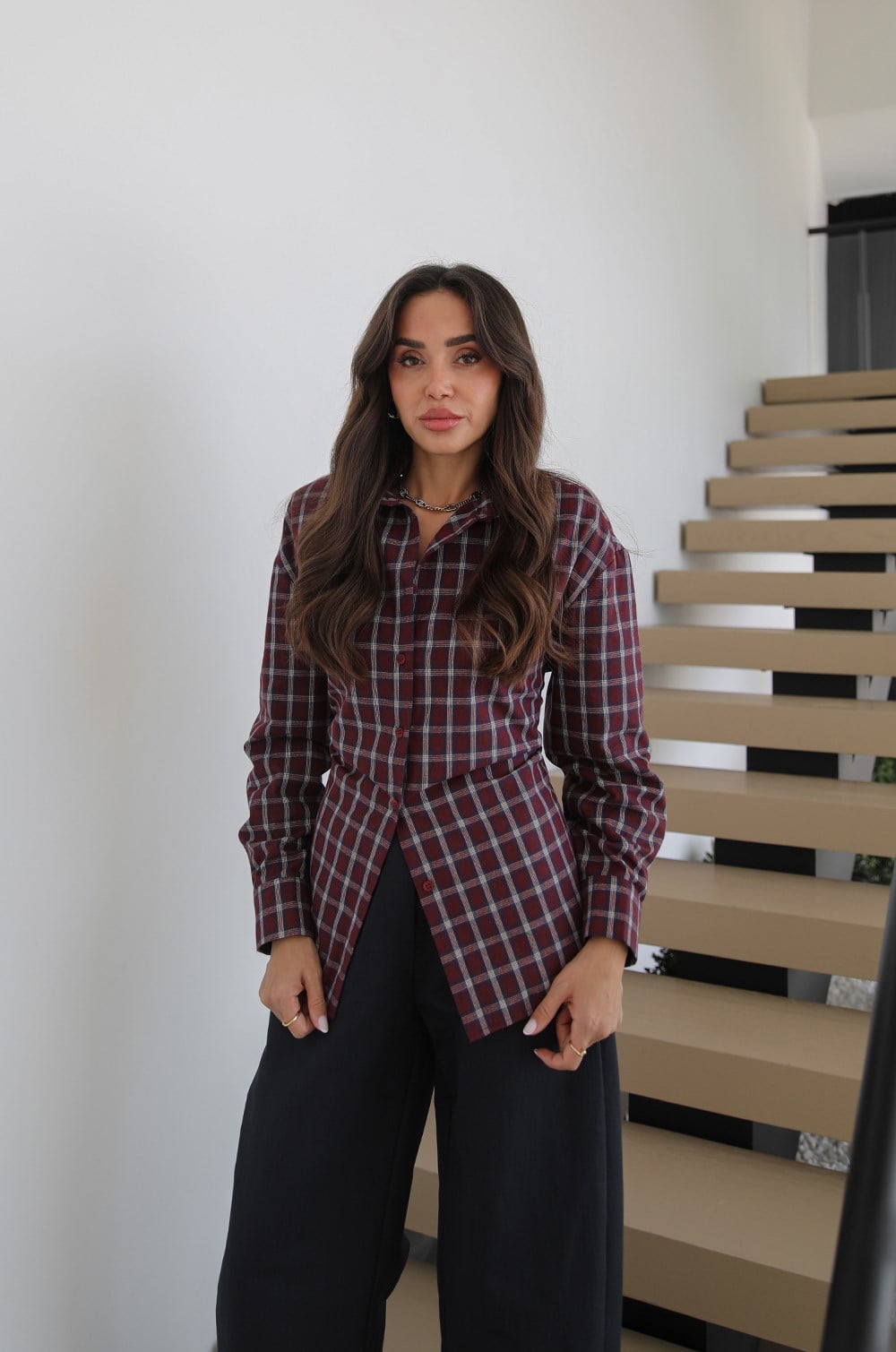 BURGUNDY CHECK TIE-BACK SHIRT