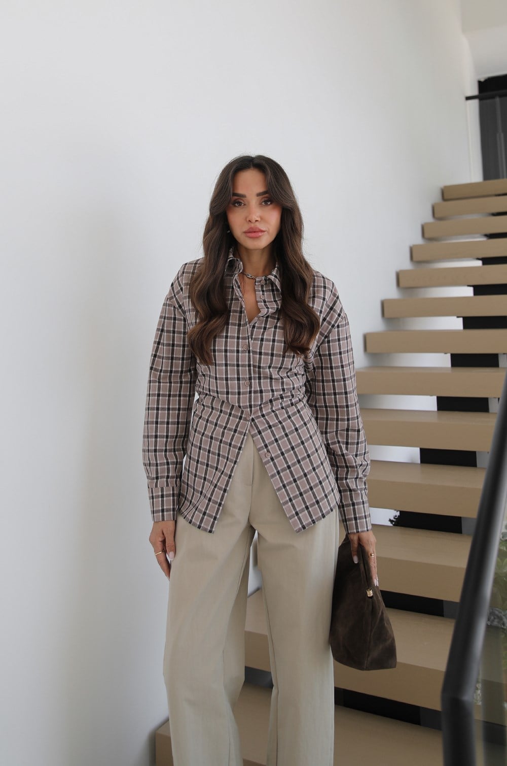 TAUPE CHECK TIE-BACK SHIRT
