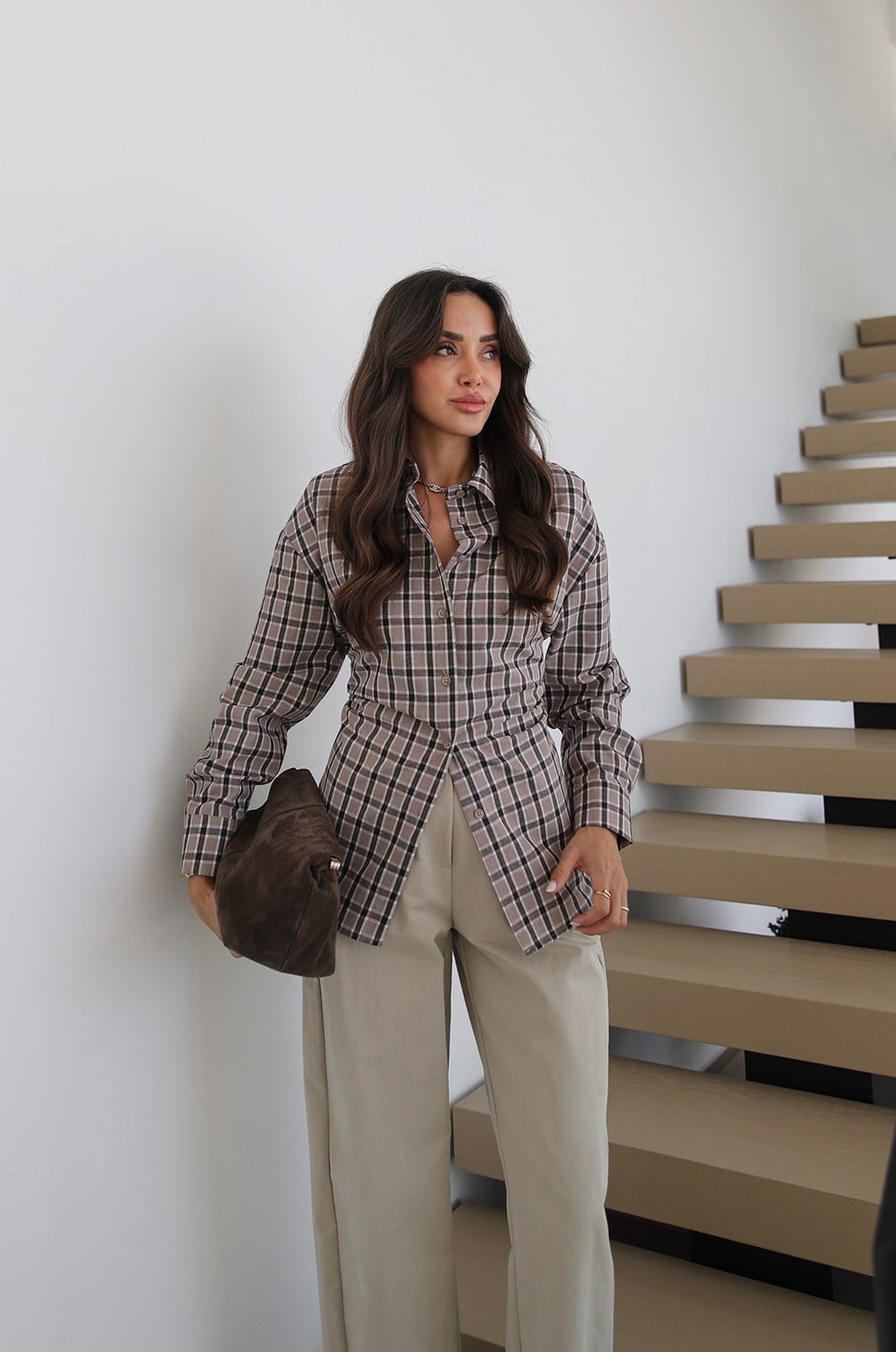 TAUPE CHECK TIE-BACK SHIRT
