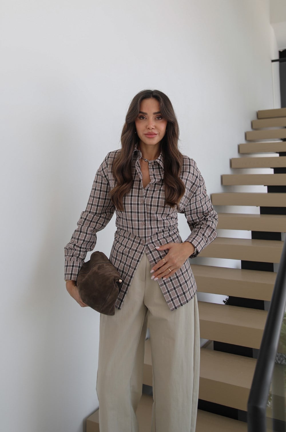 TAUPE CHECK TIE-BACK SHIRT