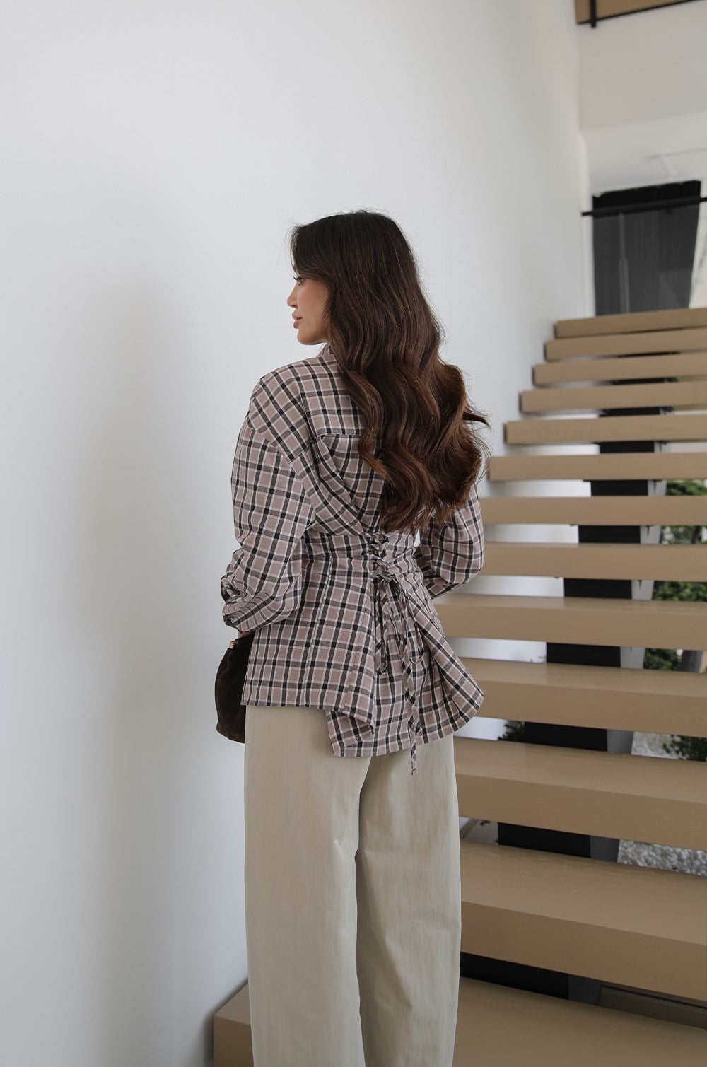 TAUPE CHECK TIE-BACK SHIRT