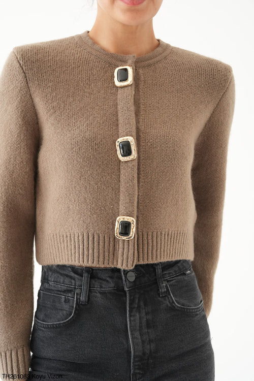 SCULPTED JEWEL CARDIGAN – TAUPE, prednja strana