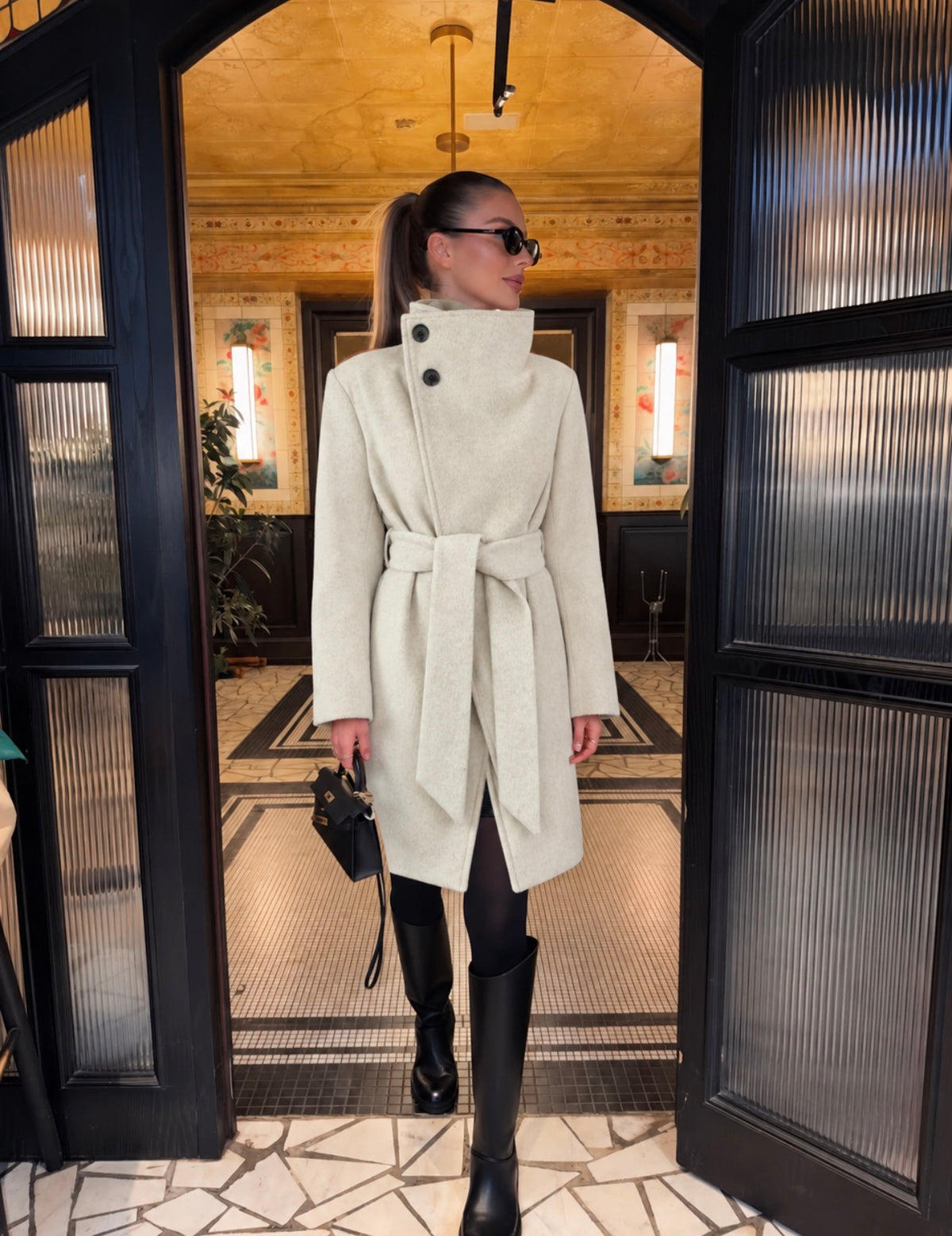 HIGH NECK BELTED WOOL COAT – STONE