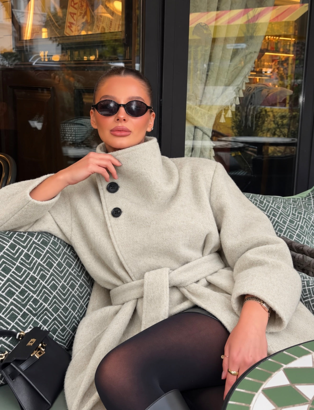 HIGH NECK BELTED WOOL COAT – STONE