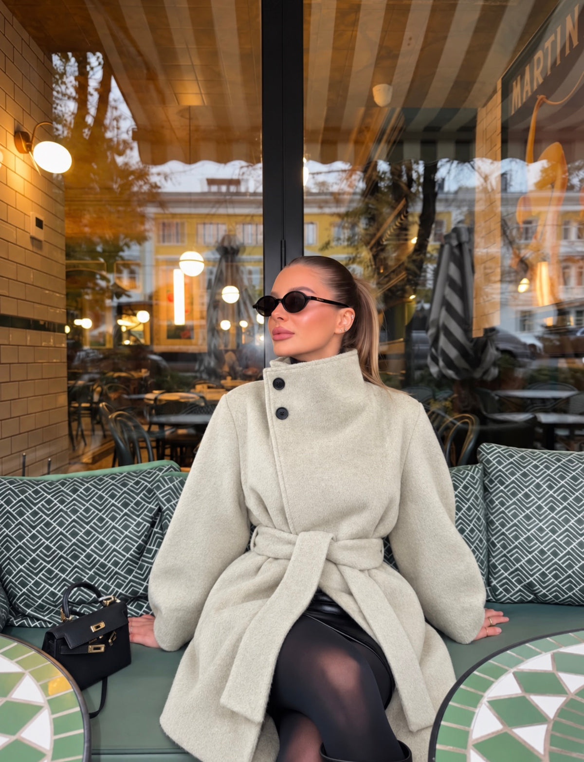 HIGH NECK BELTED WOOL COAT – STONE