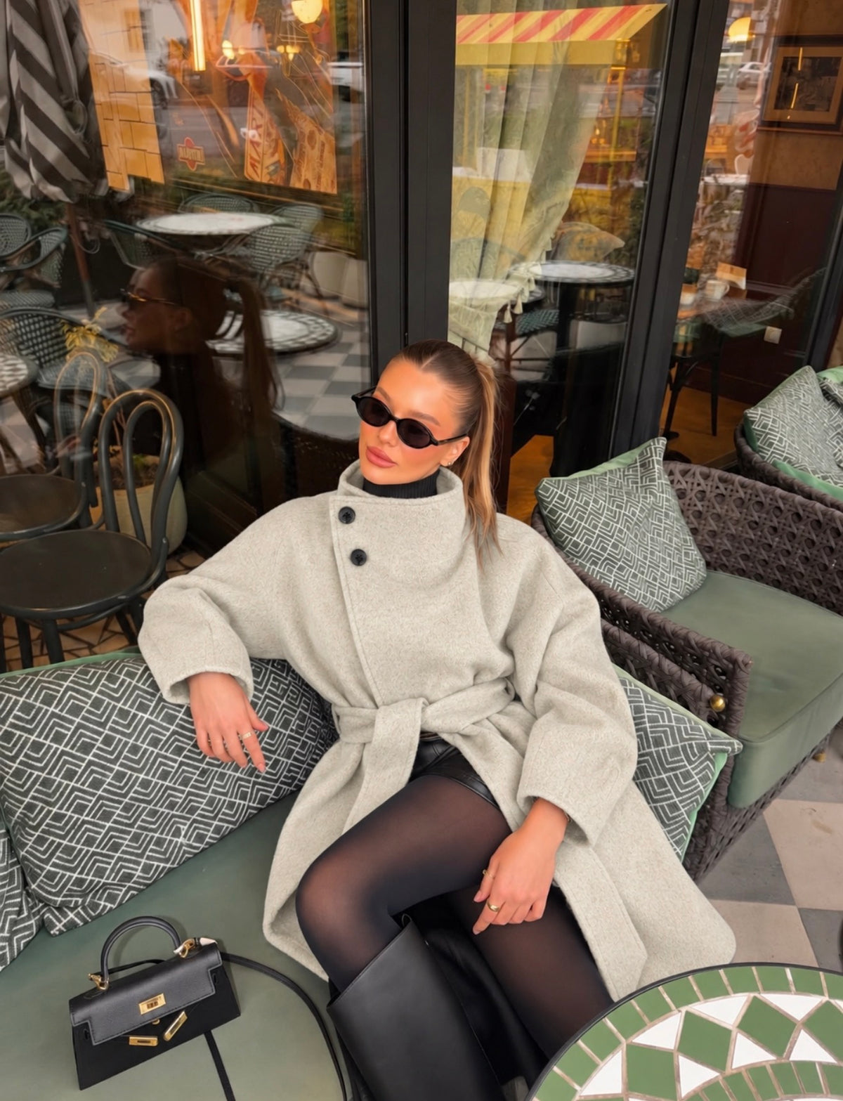 HIGH NECK BELTED WOOL COAT – STONE
