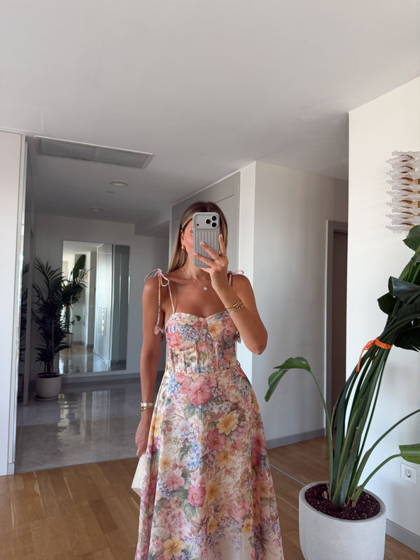 Floral Print Tied-Strap Corset Dress