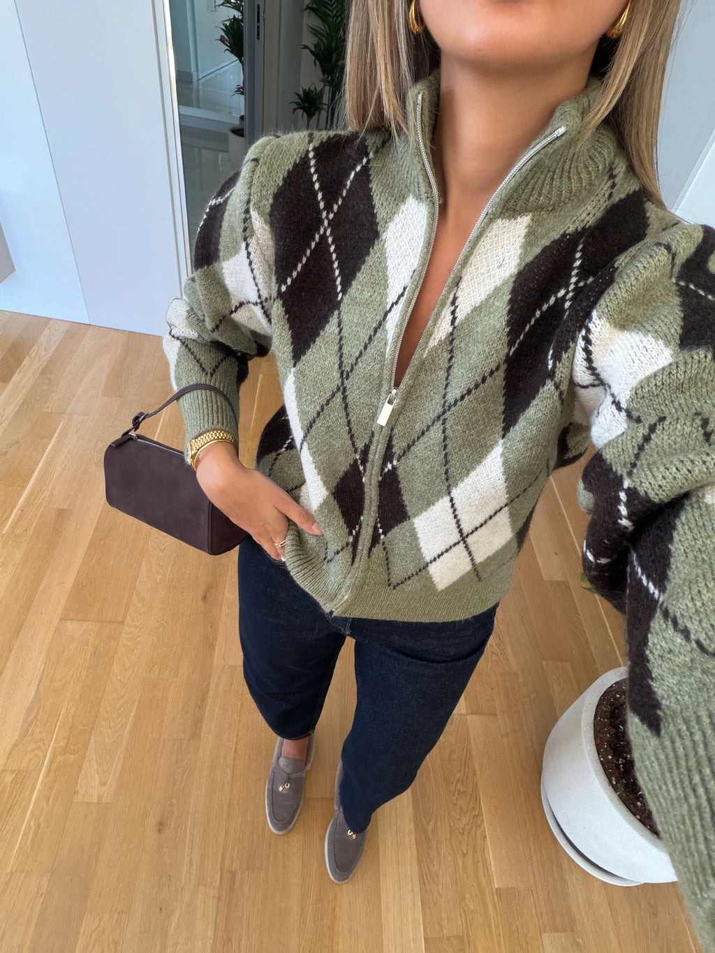 HERITAGE ARGYLE ZIP CARDIGAN Sage / Cream / Brown