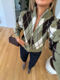 HERITAGE ARGYLE ZIP CARDIGAN Sage / Cream / Brown