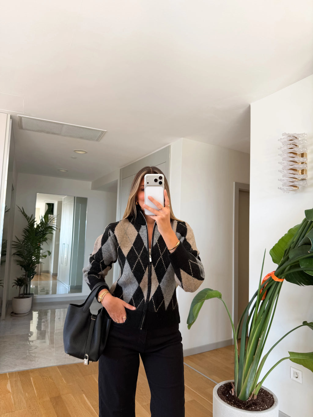 HERITAGE ARGYLE ZIP CARDIGAN Black / Grey / Taupe