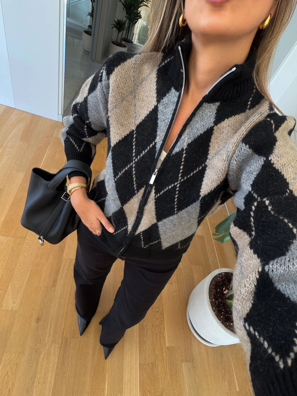 HERITAGE ARGYLE ZIP CARDIGAN Black / Grey / Taupe