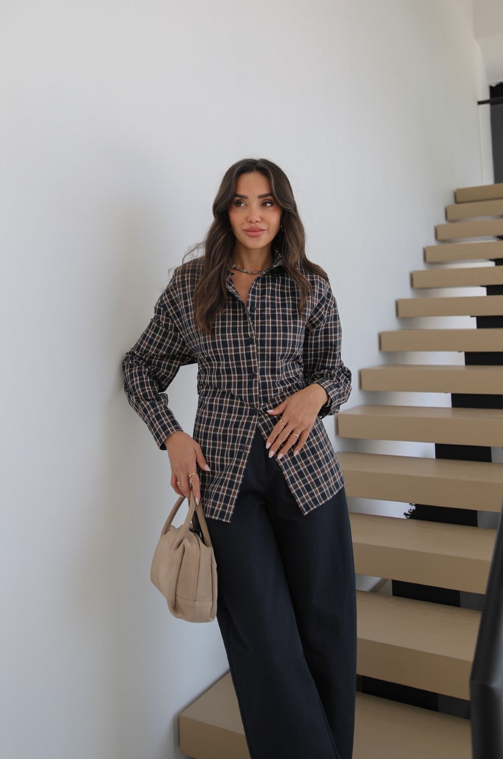BROWN CHECK TIE-BACK SHIRT - dodatna fotografija 4