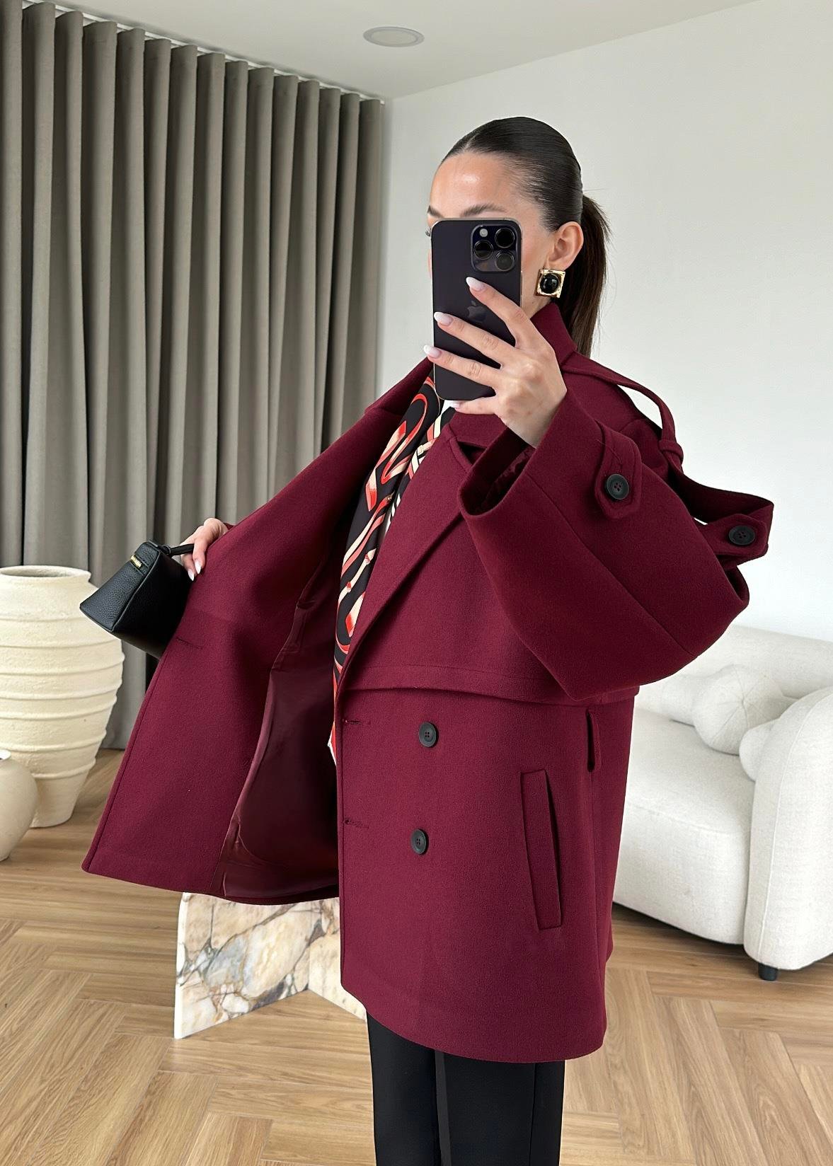 MODAL SCULPTED BELTED COAT – BURGUNDY, fotografija 1