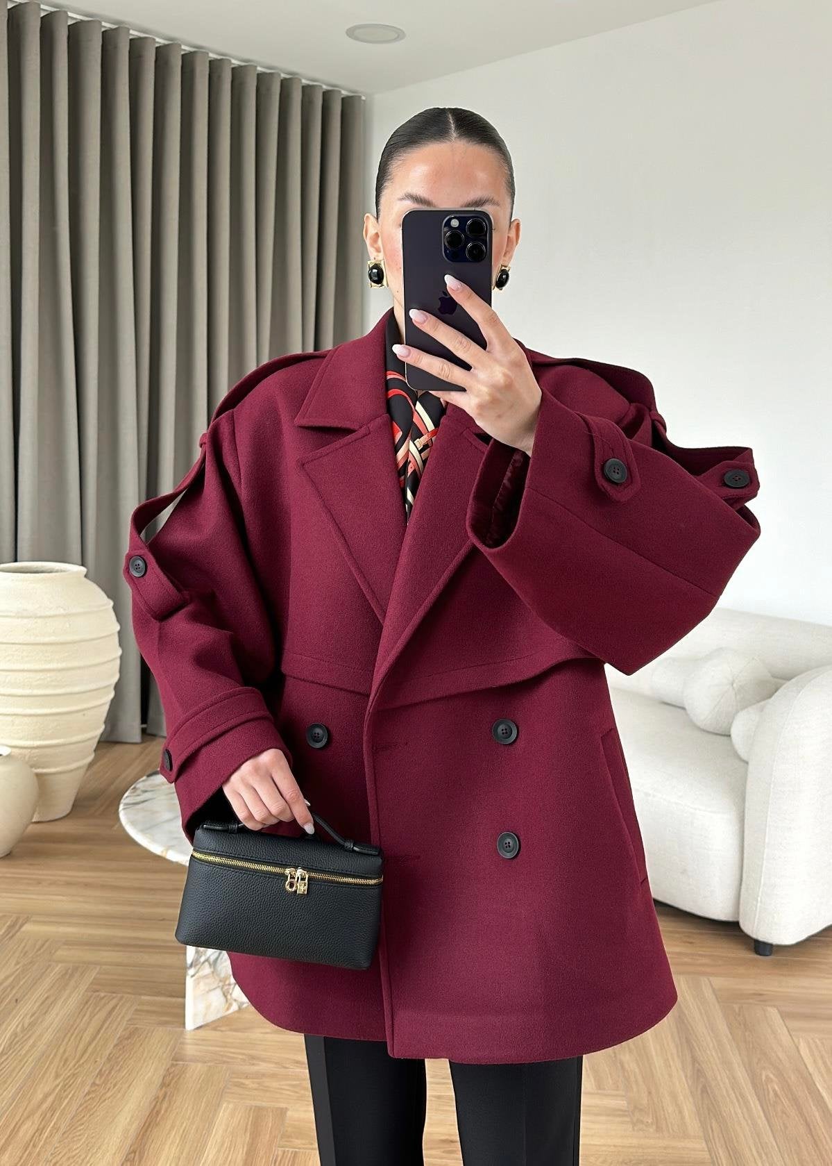 MODAL SCULPTED BELTED COAT – BURGUNDY, fotografija 2