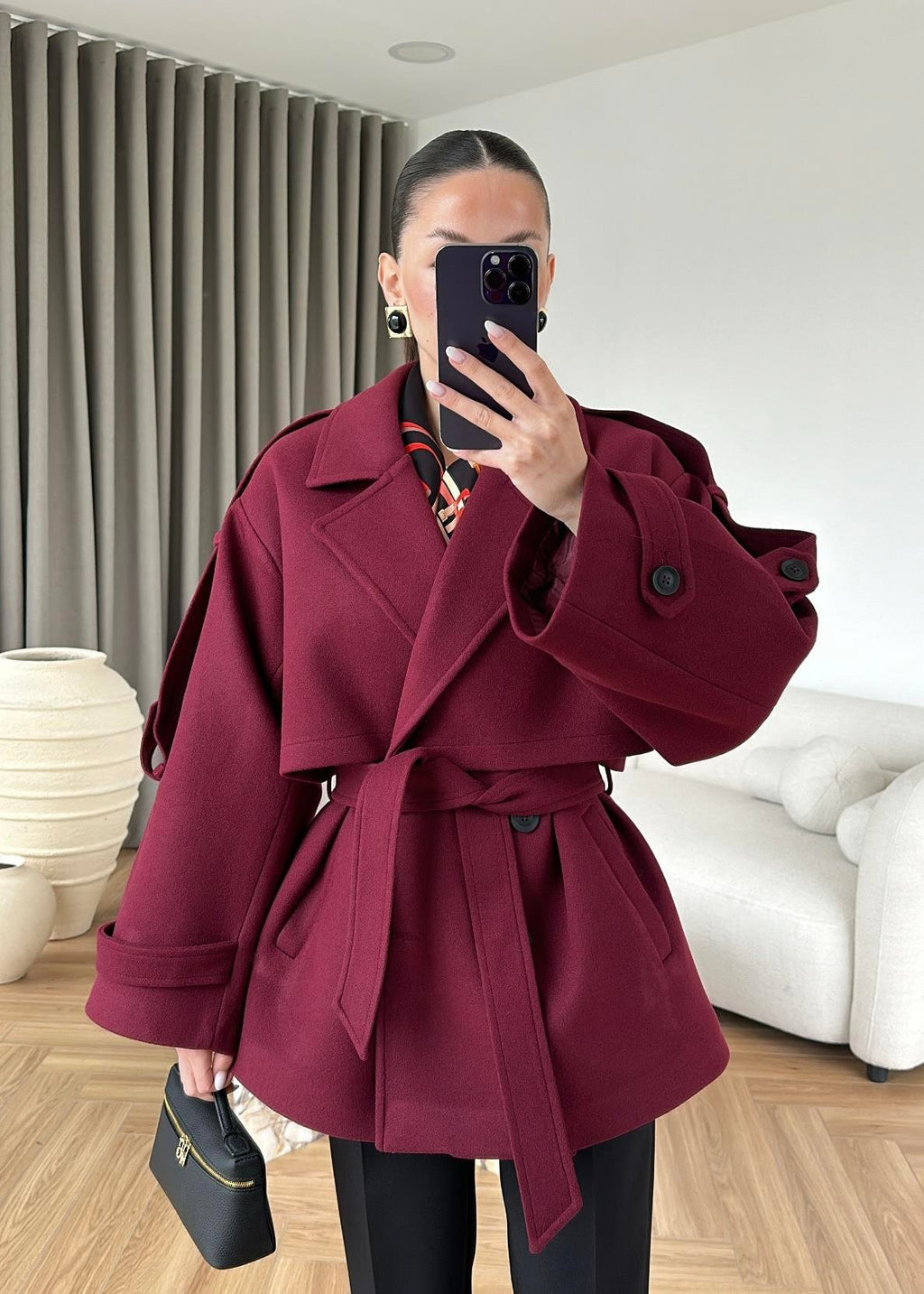 MODAL SCULPTED BELTED COAT – BURGUNDY, fotografija 3