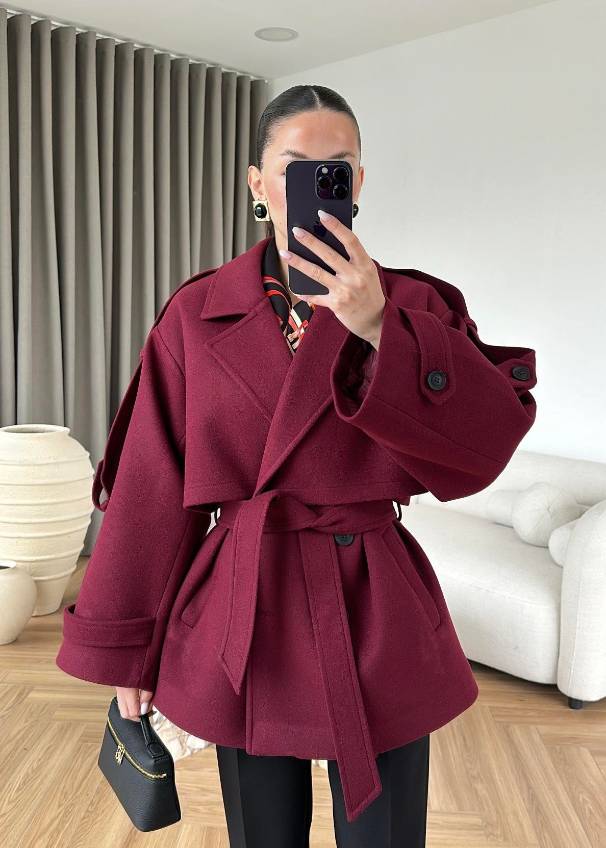 MODAL SCULPTED BELTED COAT – BURGUNDY, fotografija 3
