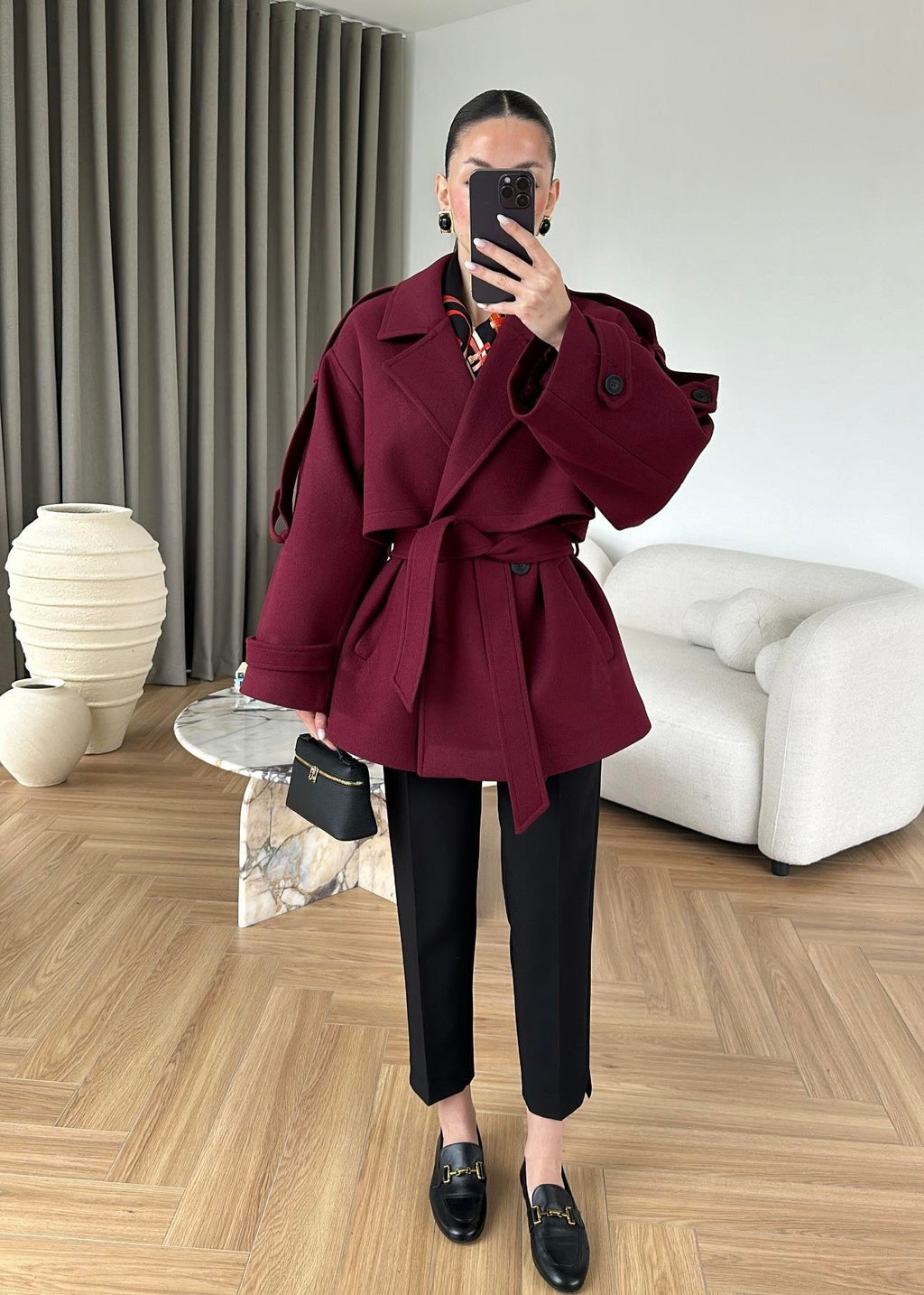 MODAL SCULPTED BELTED COAT – BURGUNDY, fotografija 4