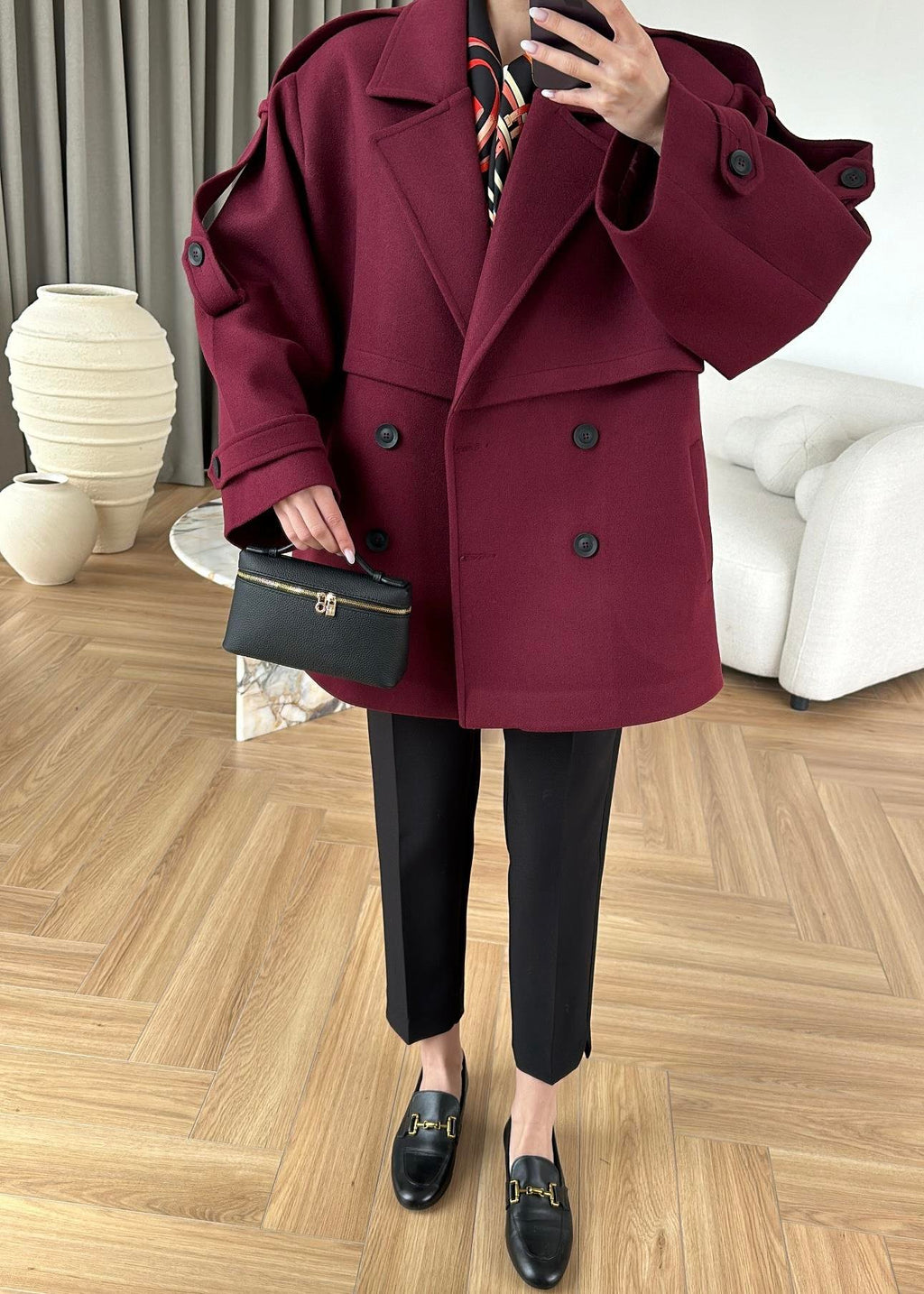 MODAL SCULPTED BELTED COAT – BURGUNDY, fotografija 5
