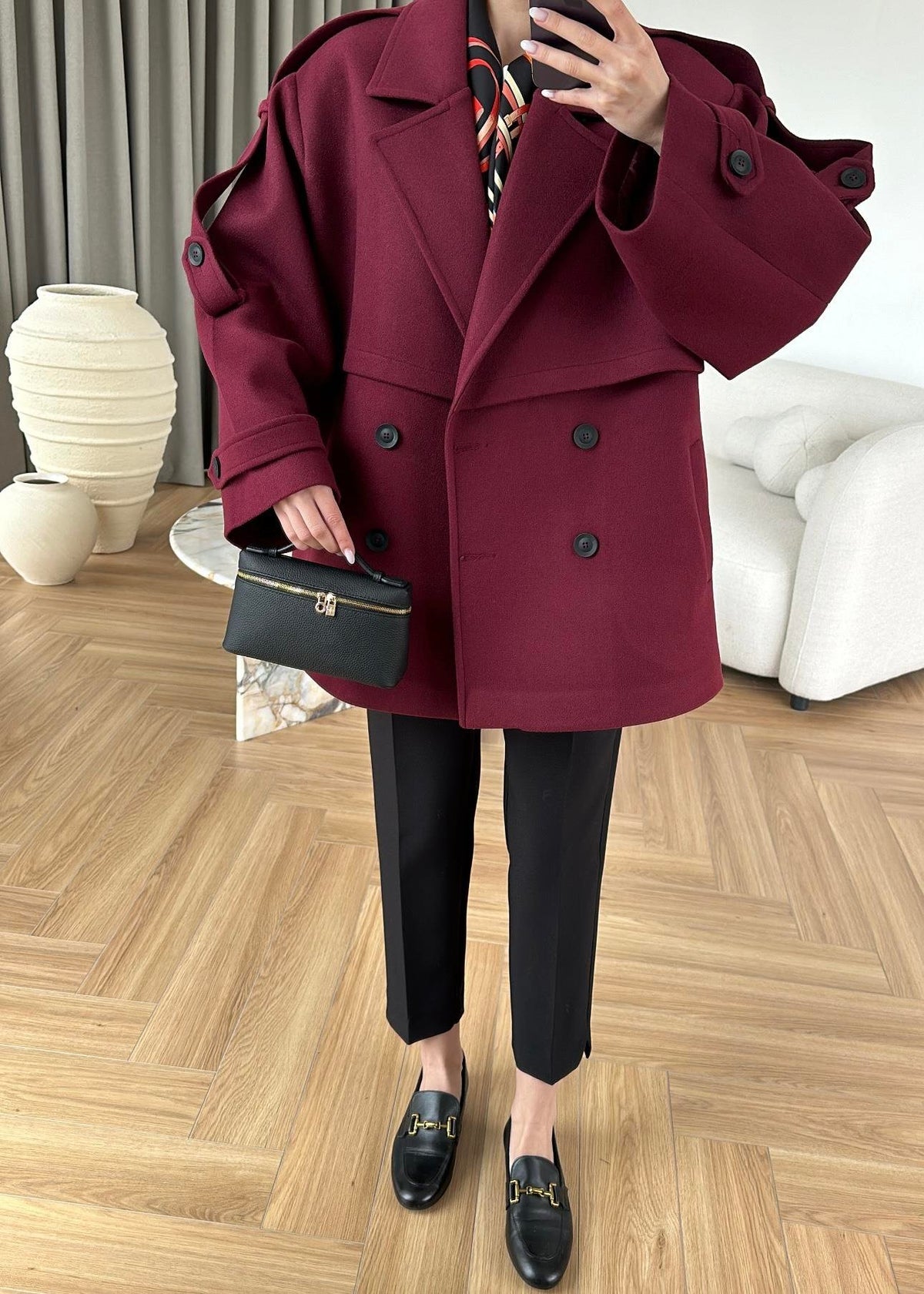 MODAL SCULPTED BELTED COAT – BURGUNDY, fotografija 5