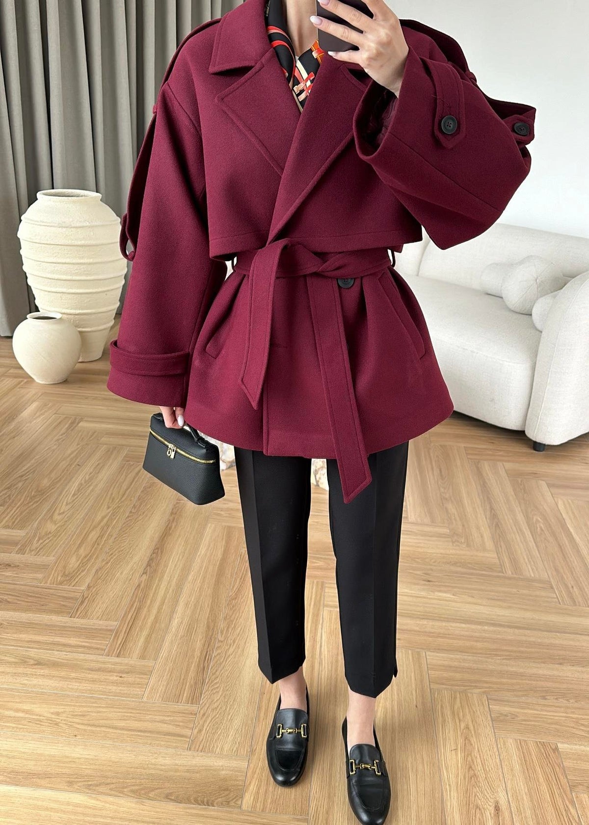 MODAL SCULPTED BELTED COAT – BURGUNDY, fotografija 6