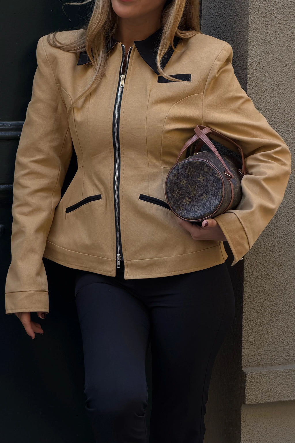 Premium Camel Contrast Zip Jacket