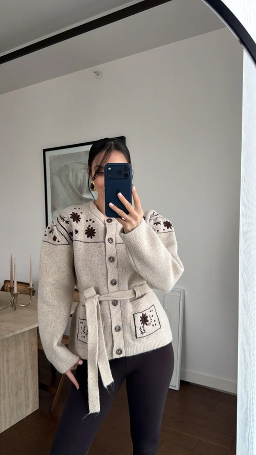 EMBROIDERED BELTED KNIT CARDIGAN – ECRU