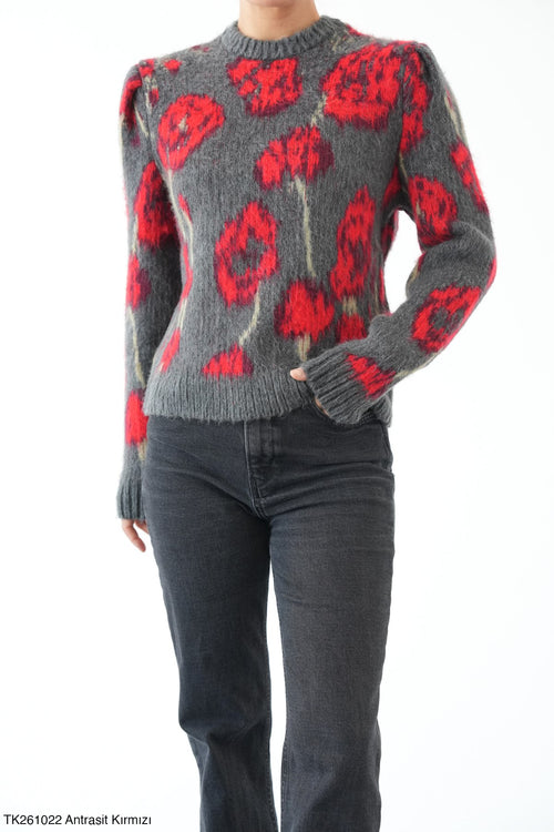 POPPY BLOOM KNIT – CHARCOAL – džemper sa crvenim cvetovima