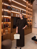 FH BRAND Chocolate Brown rebrasta maxi pletena haljina, ceo prednji izgled, One Size