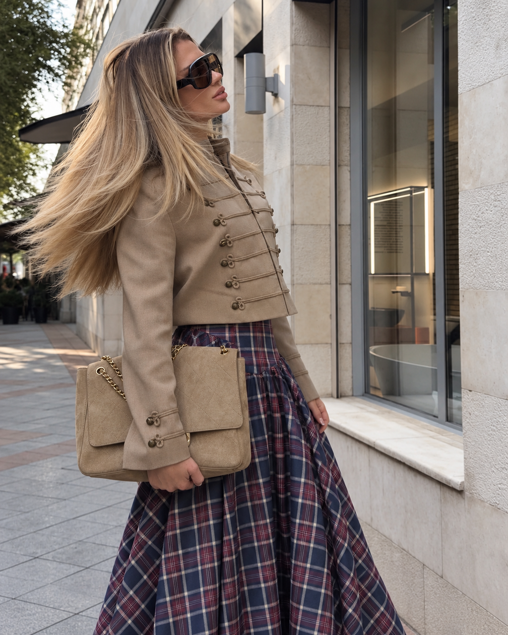 Heritage Check Midi Skirt Navy Red