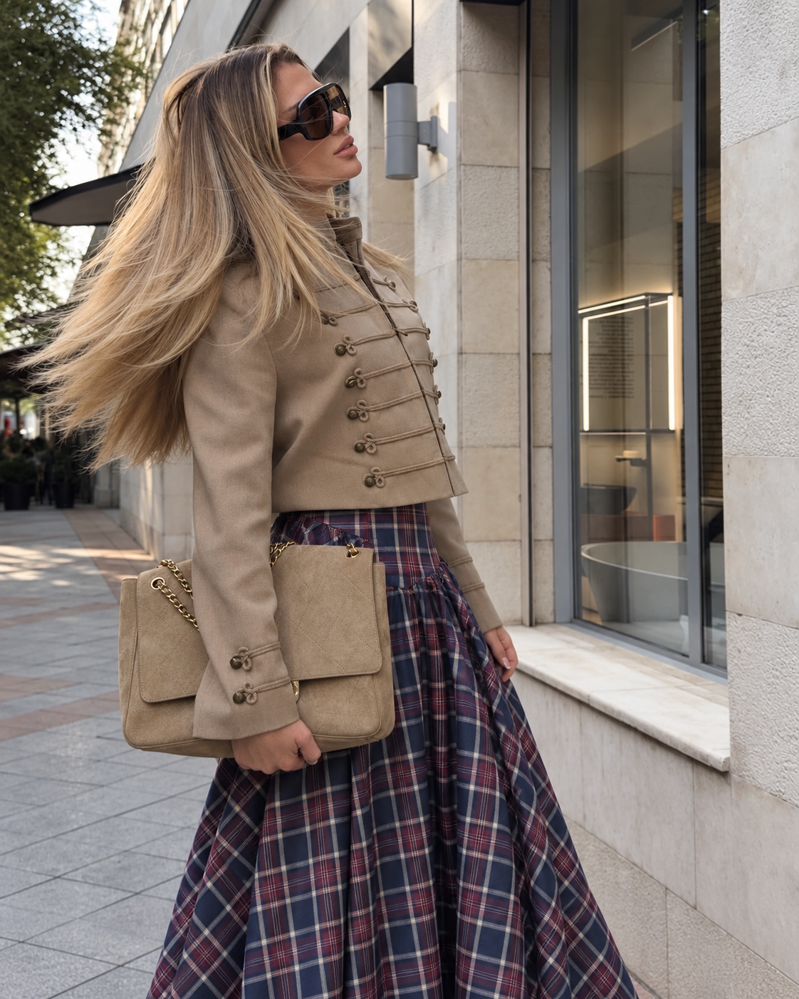 Heritage Check Midi Skirt Navy Red