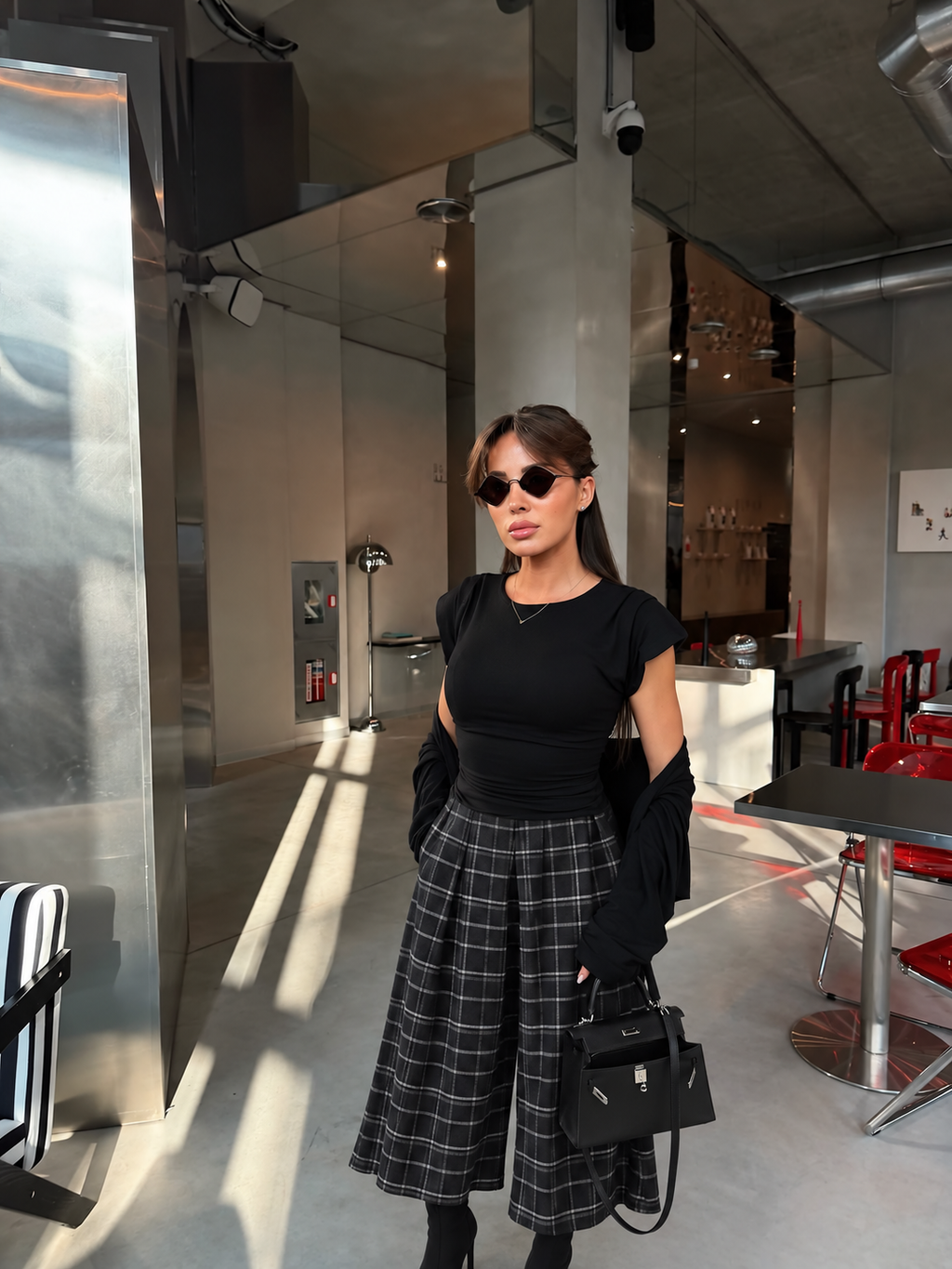 CHECK WIDE LEG PANTS – GREY