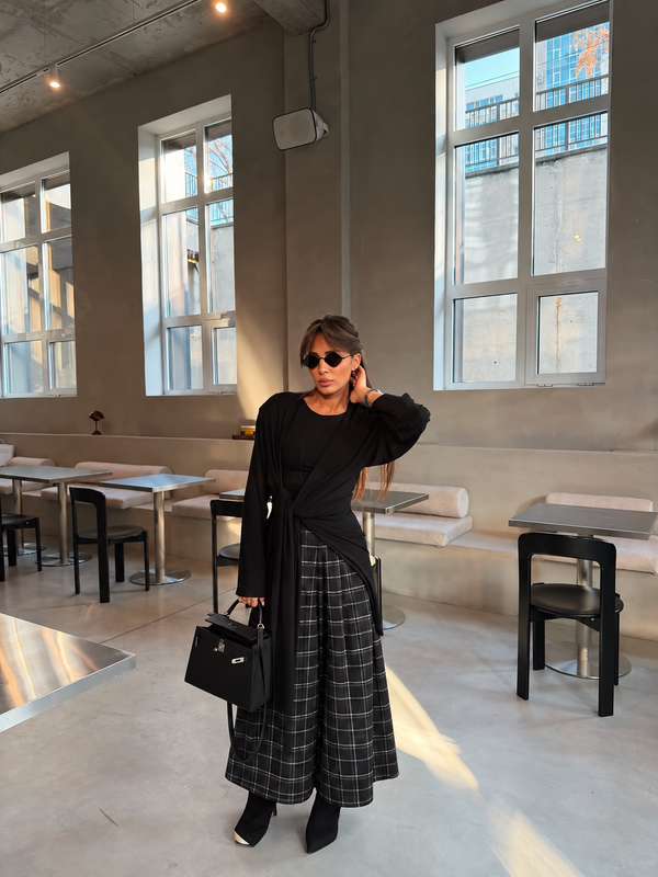 CHECK WIDE LEG PANTS – GREY