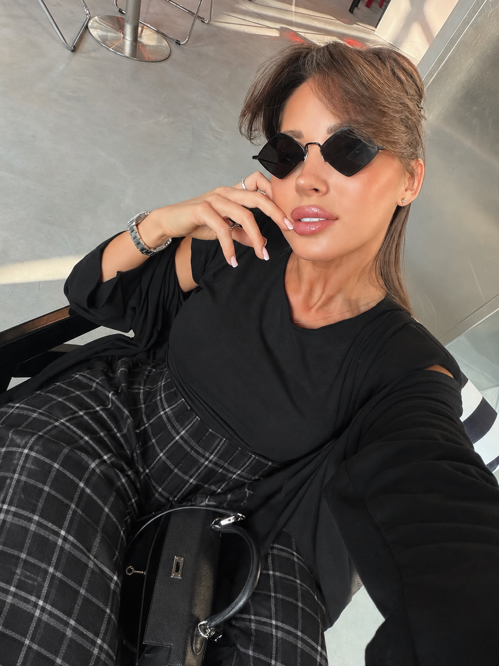 CHECK WIDE LEG PANTS – GREY