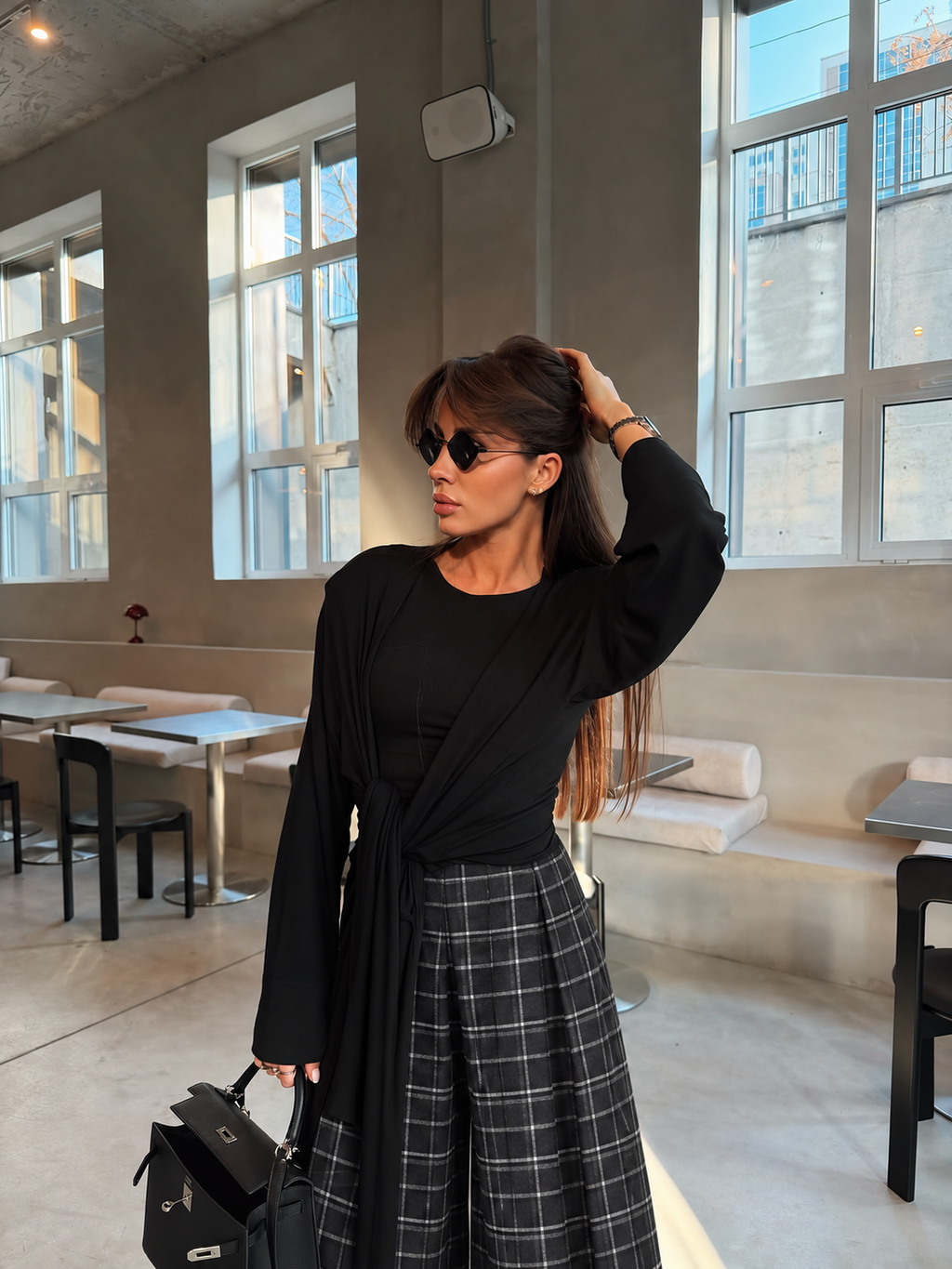 CHECK WIDE LEG PANTS – GREY