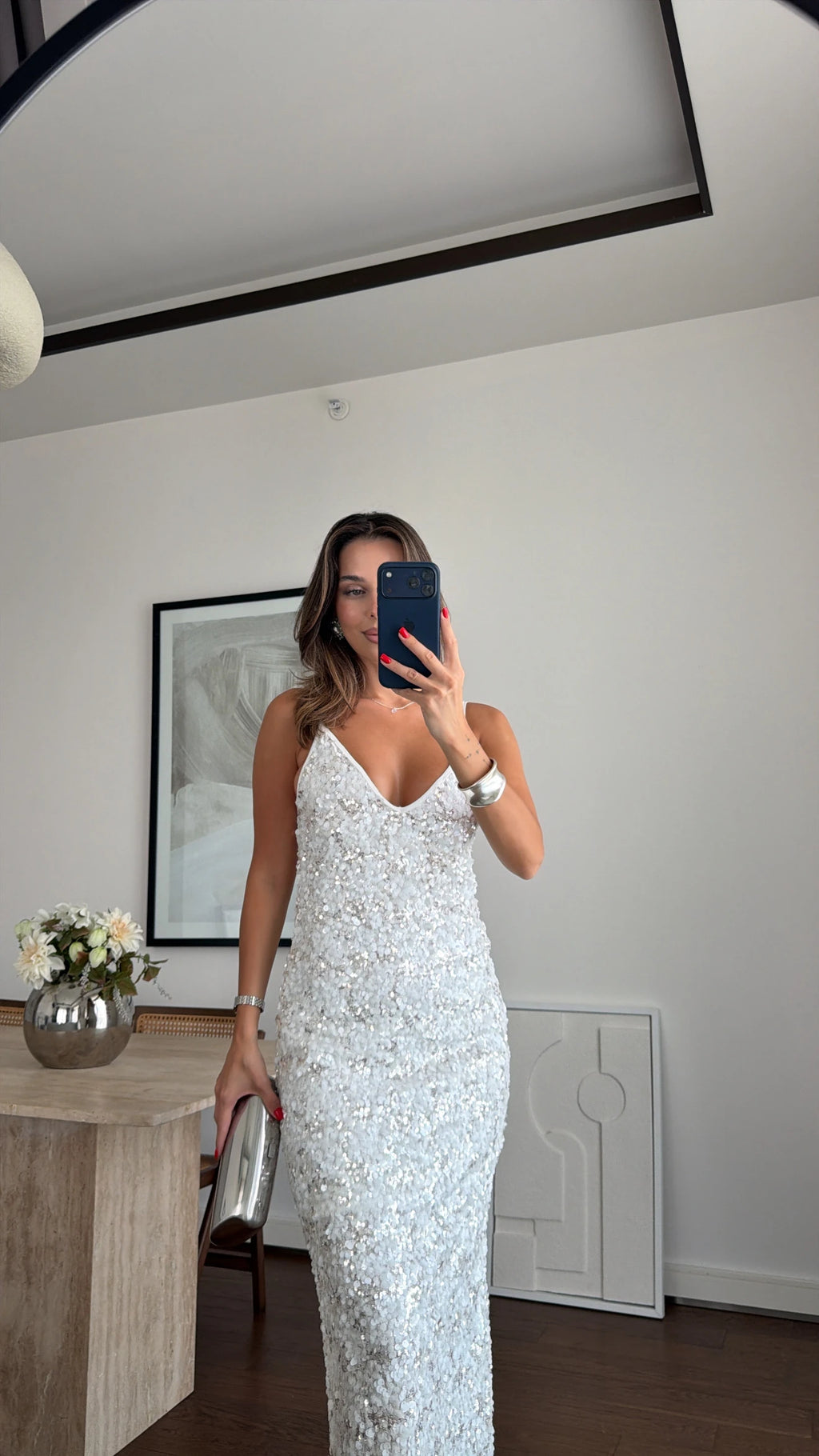 White Shine Sequin Midi Haljina
