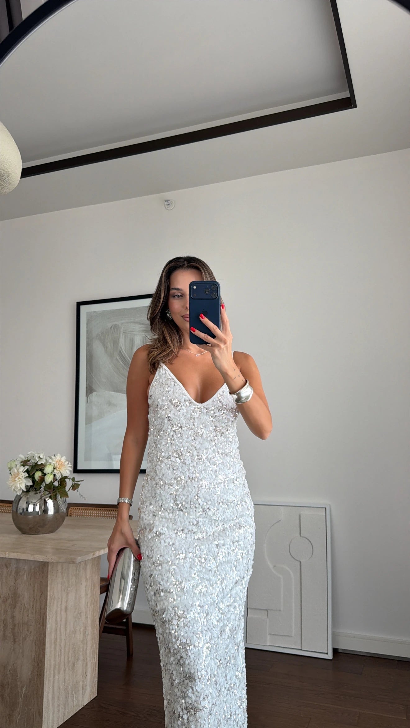 White Shine Sequin Midi Haljina