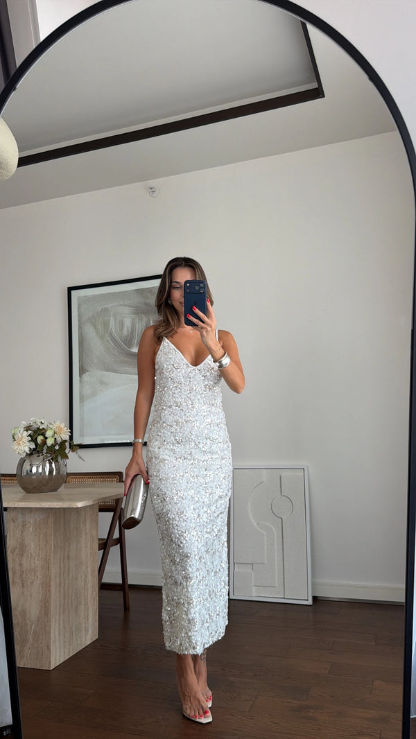White Shine Sequin Midi Haljina