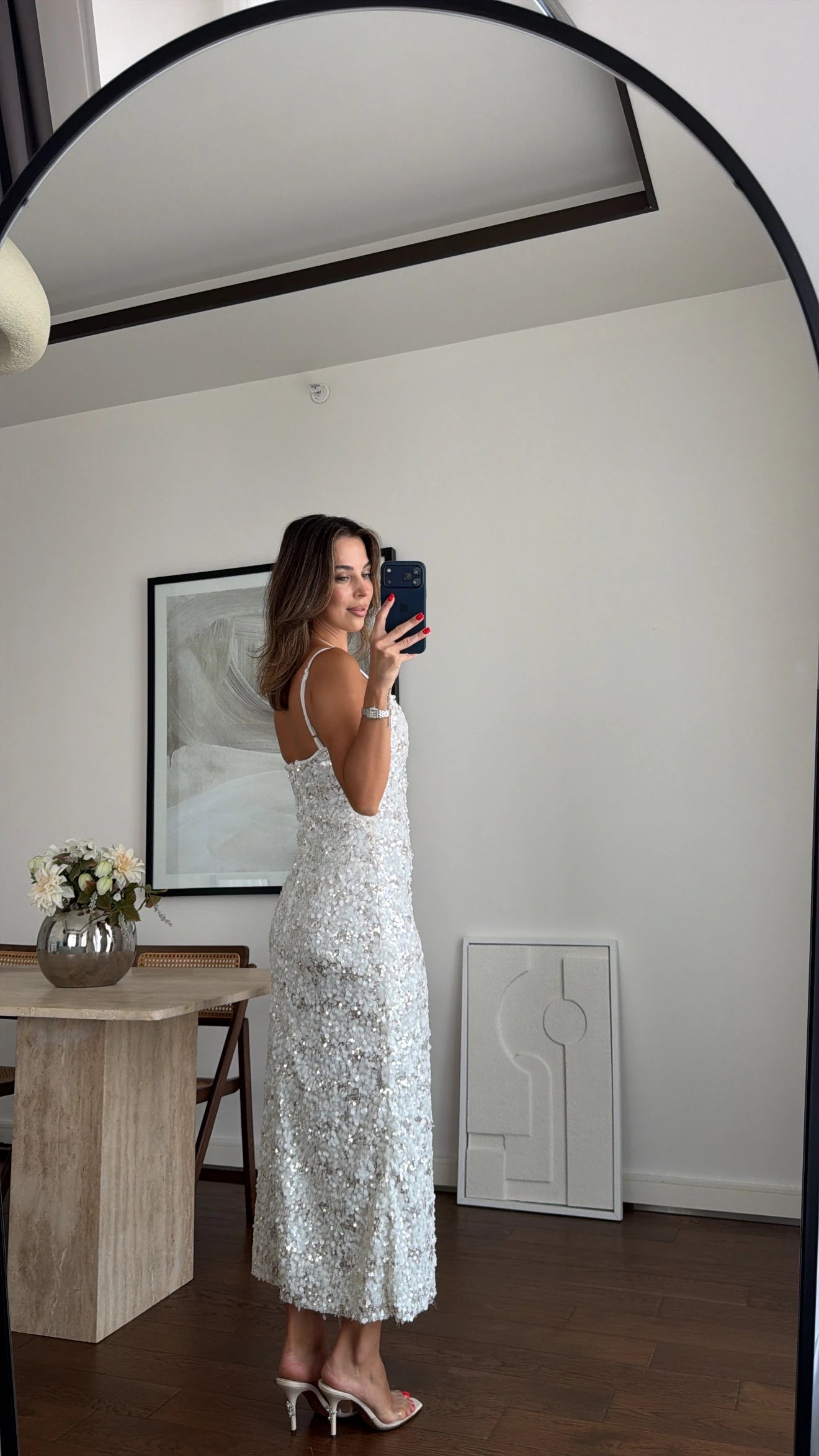 White Shine Sequin Midi Haljina
