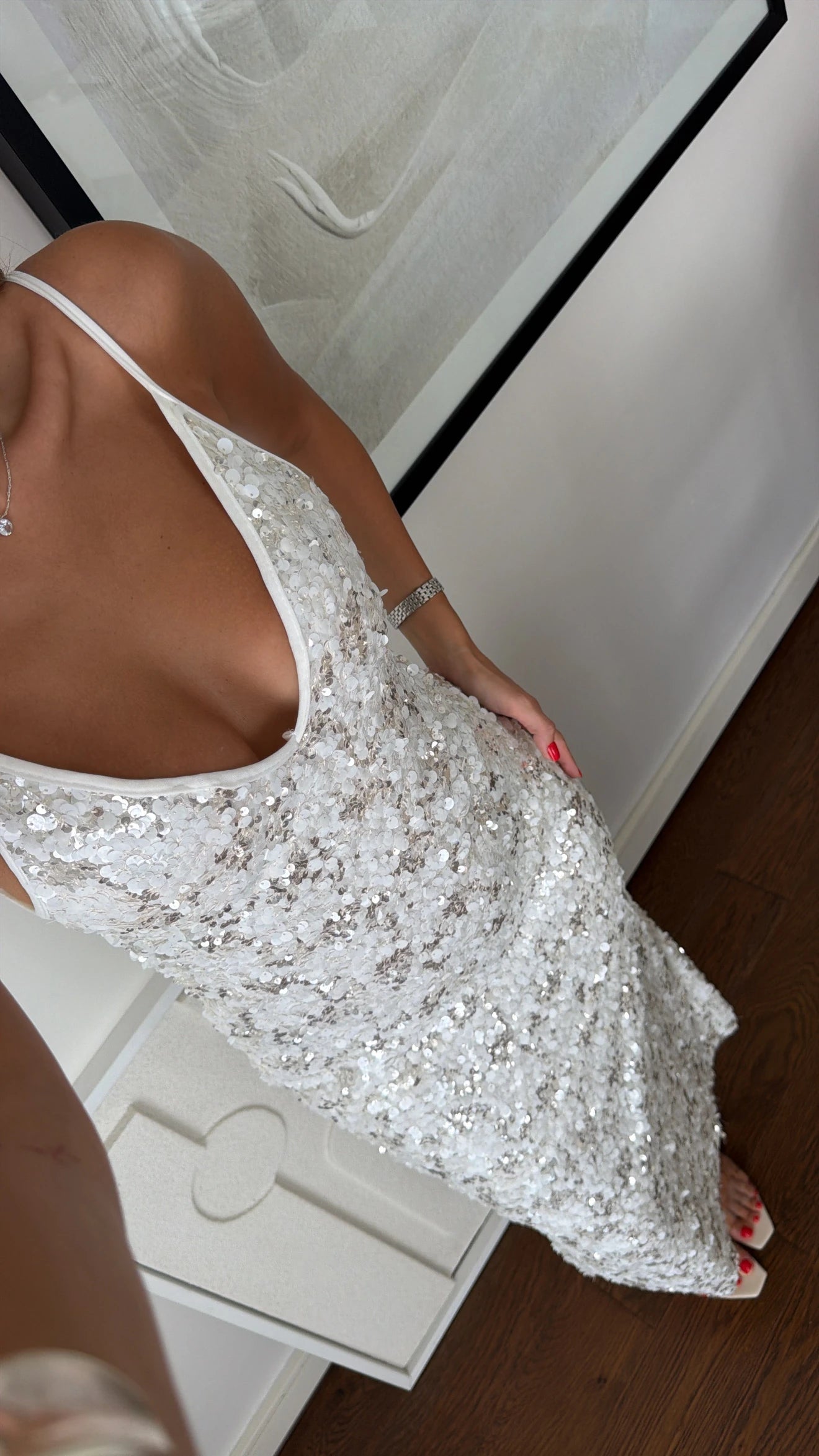 White Shine Sequin Midi Haljina