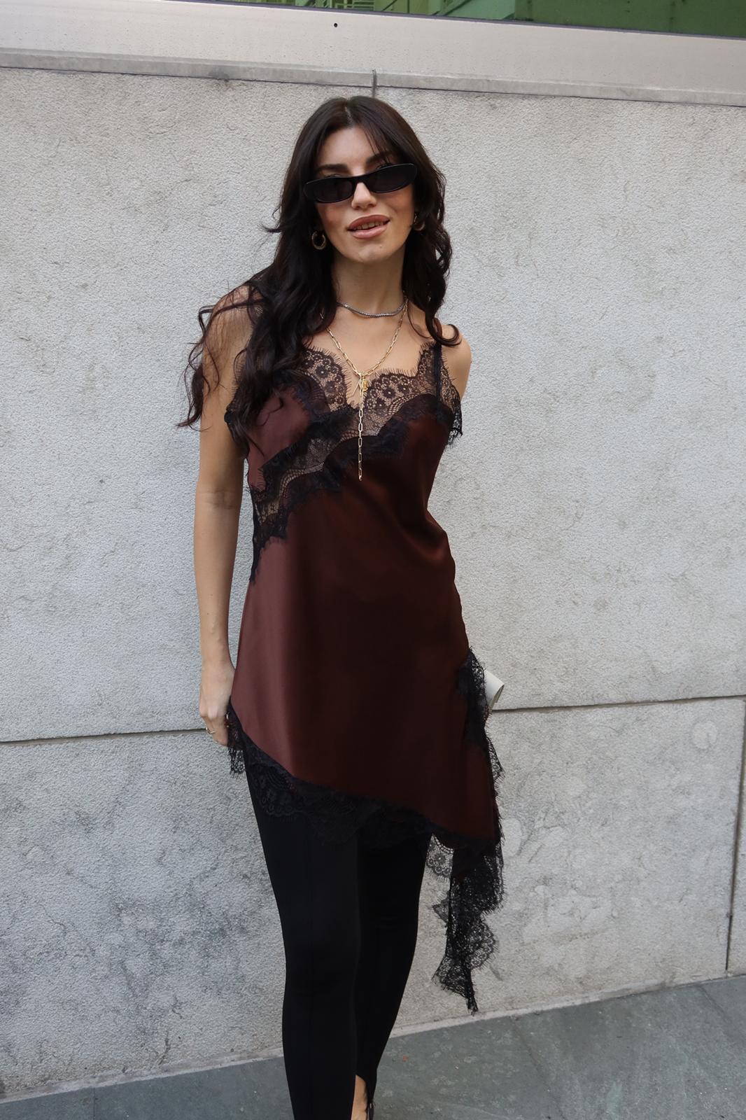 The Lace Satin Asymmetric Blouse Brown