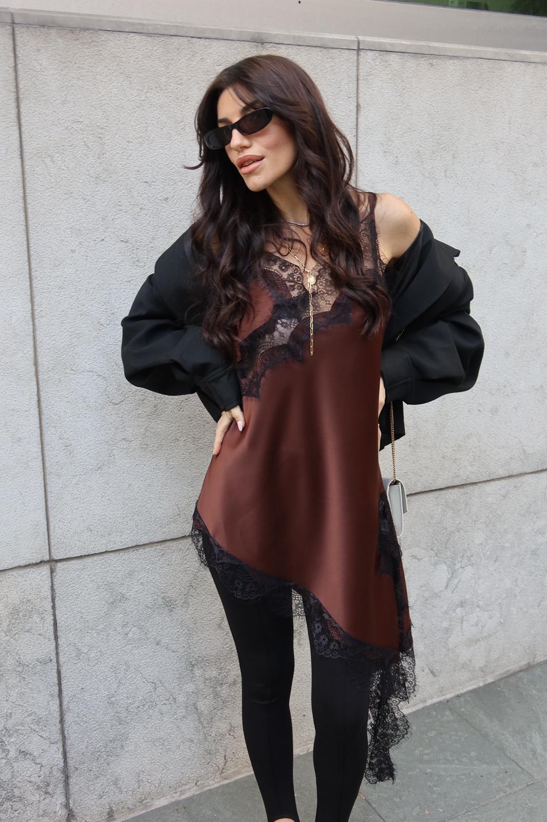 The Lace Satin Asymmetric Blouse Brown